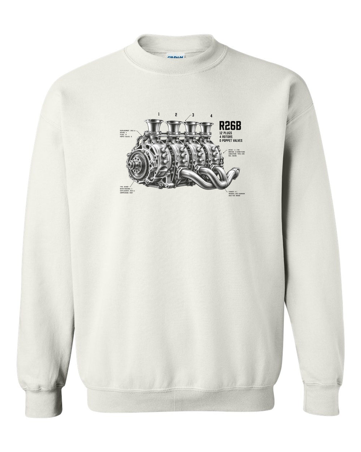 Mazda 787B R26B four-rotor engine illustration with 12 plugs and 4 rotors text white crewneck front view with the design