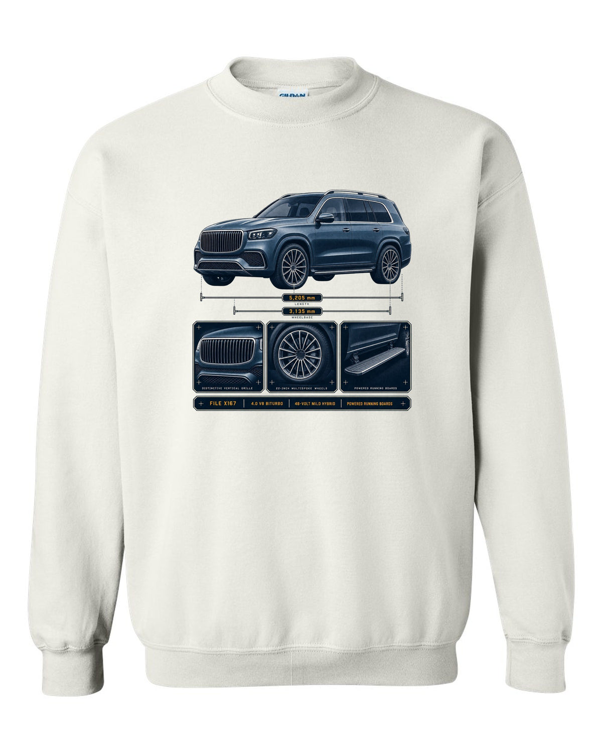 print dossier panels of a Mercedes-Maybach GLS 600 X167 in blue-grey white crewneck front view with the design