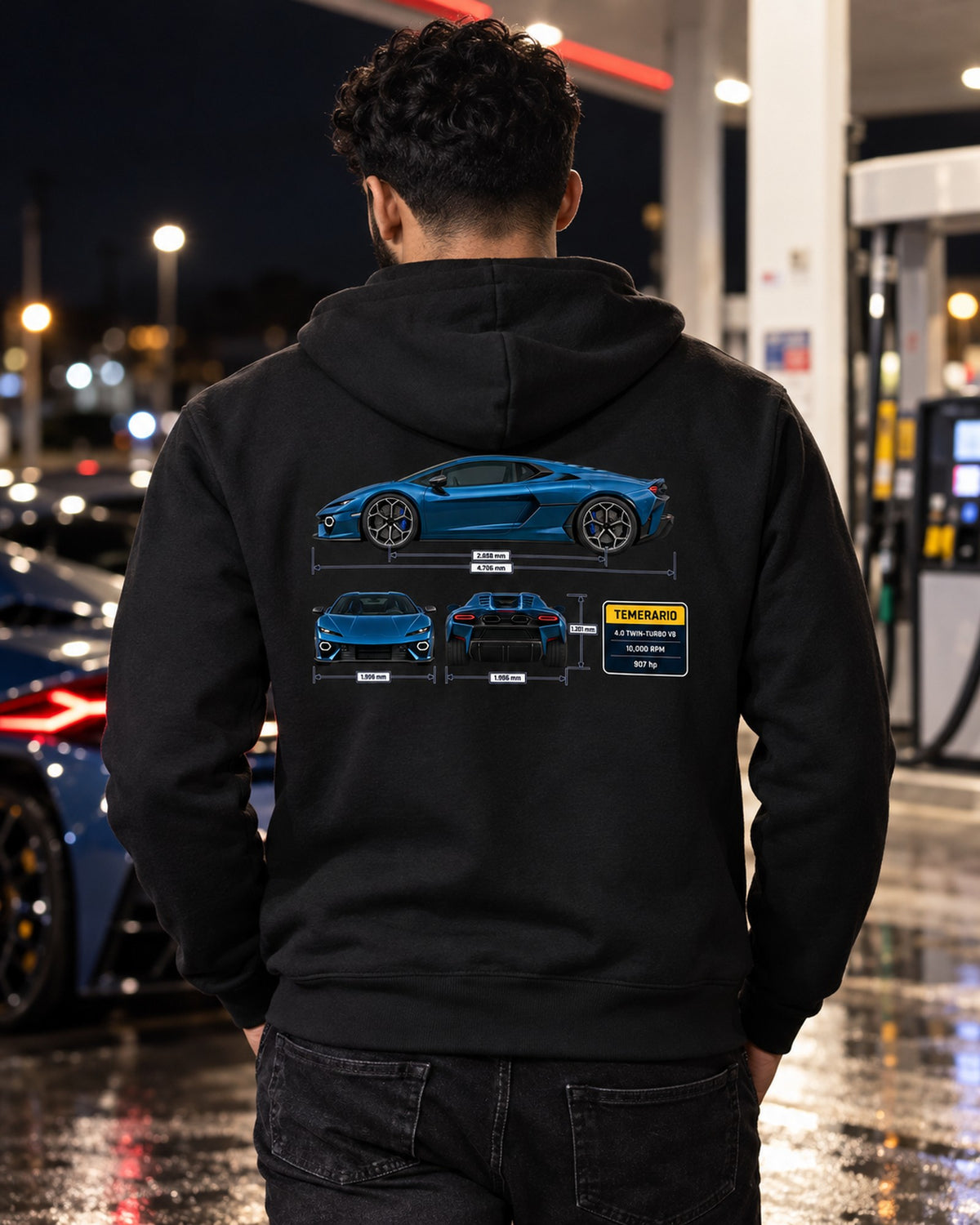 Lamborghini Temerario Three-View Spec Shirt, Twin-Turbo V8 Zip Hoodie Black worn hero