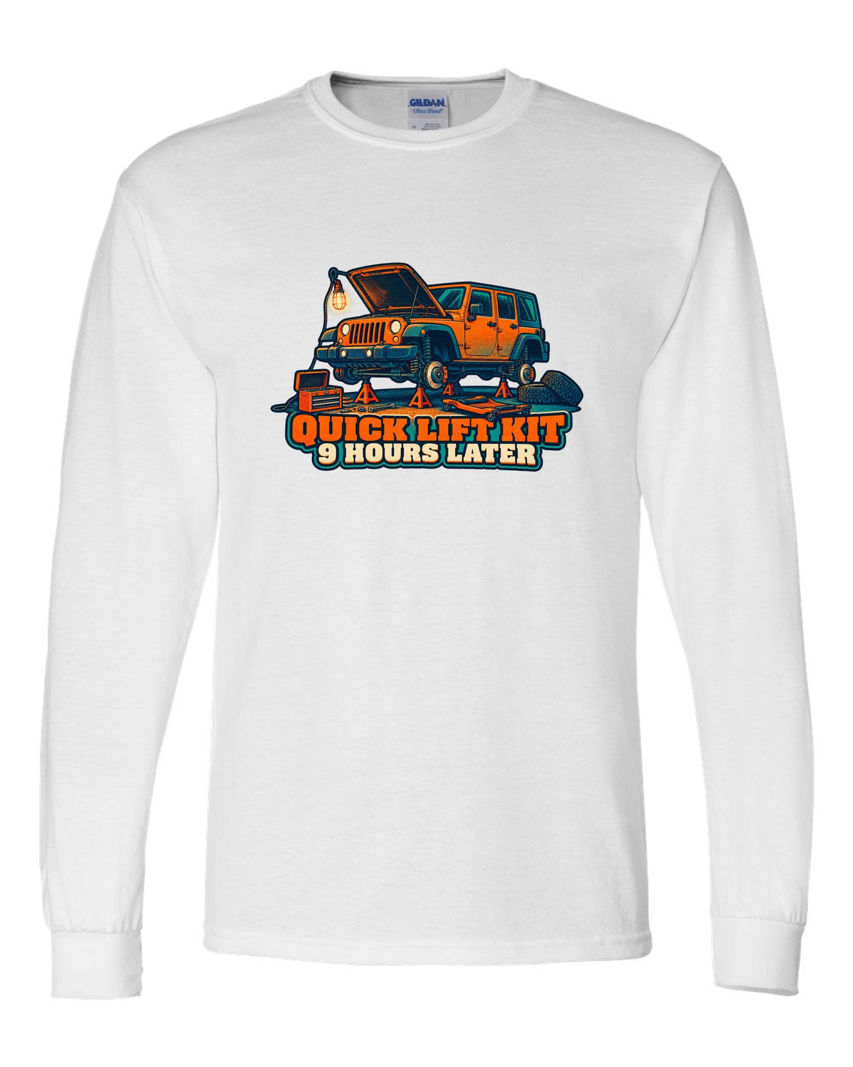 Risograph-style print of a Jeep Wrangler JKU four-door with lift kit joke text white long sleeve front view with the design