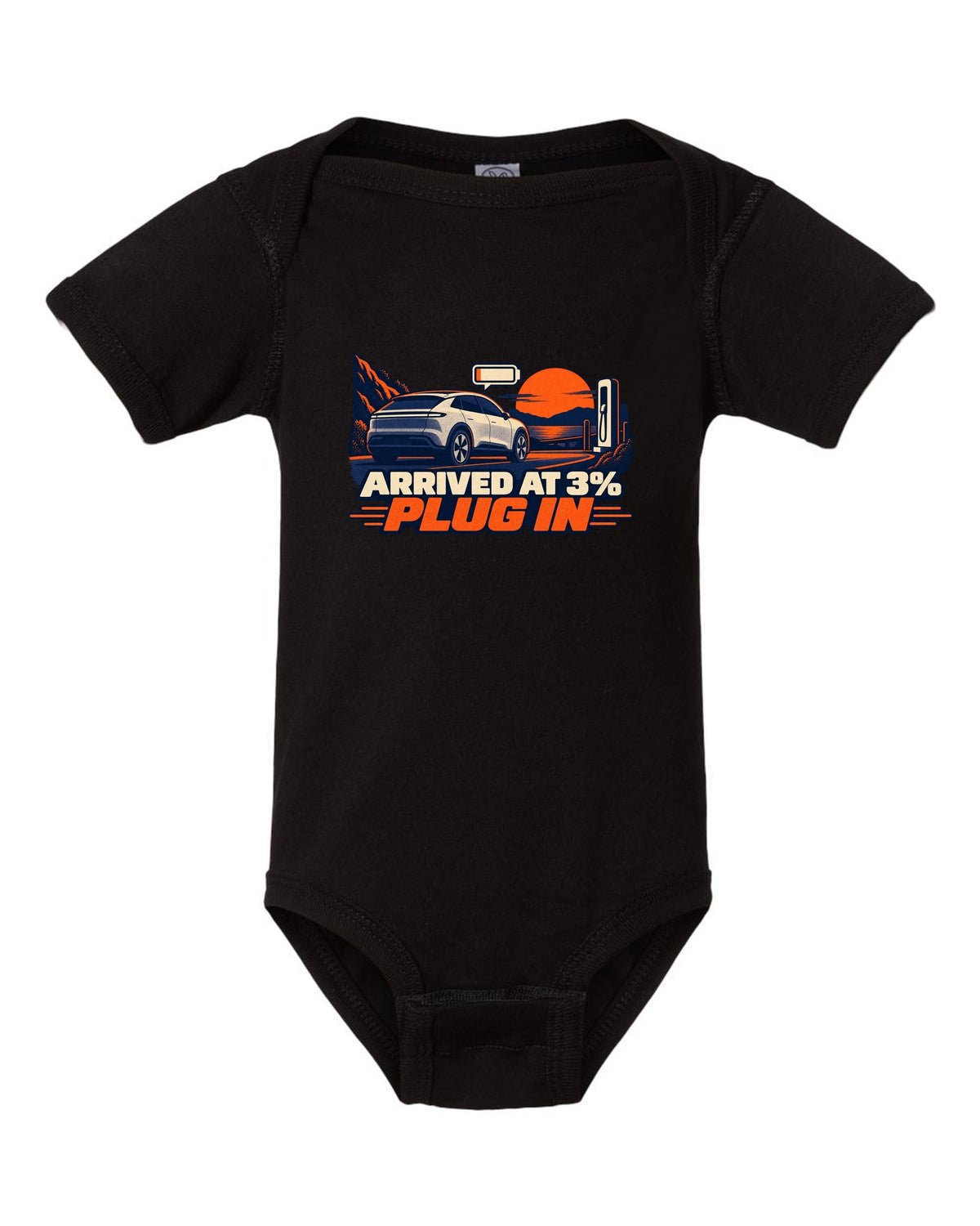 Risograph duotone print of a Tesla Model Y Juniper reading Arrived at 3% Plug In black baby onesie front view with the design