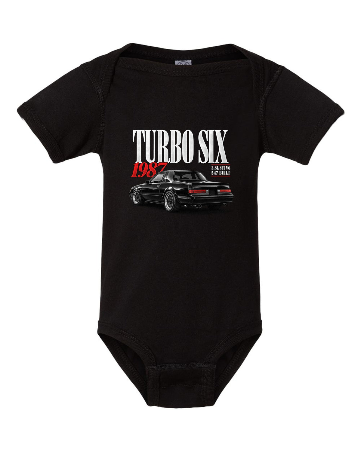 Editorial archive print for a 1987 Buick Regal Grand National GNX with turbo six text black baby onesie front view with the design