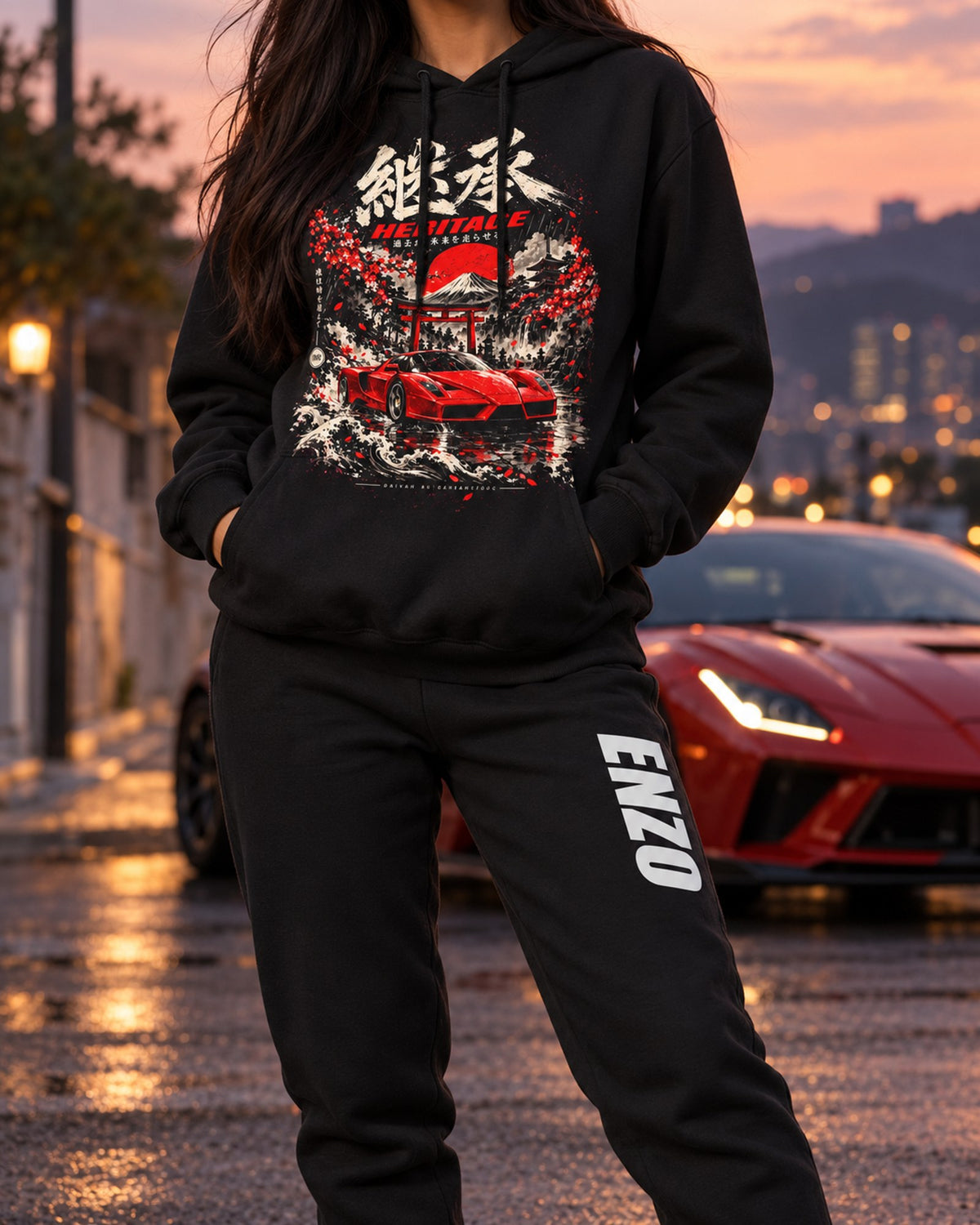 Ferrari Enzo Dream Car Hoodie + Jogger Set Black worn hero