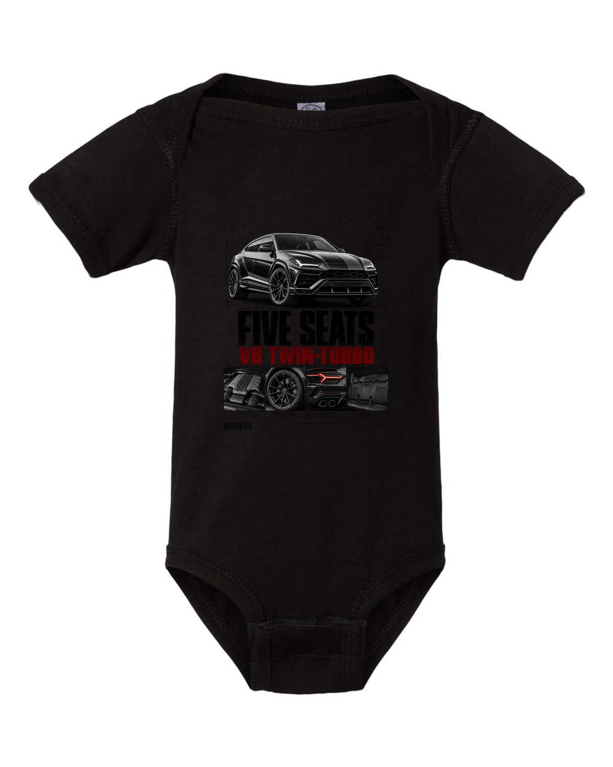 Lamborghini Urus 2018 dossier panel print: five seats, V8 twin-turbo black baby onesie front view with the design