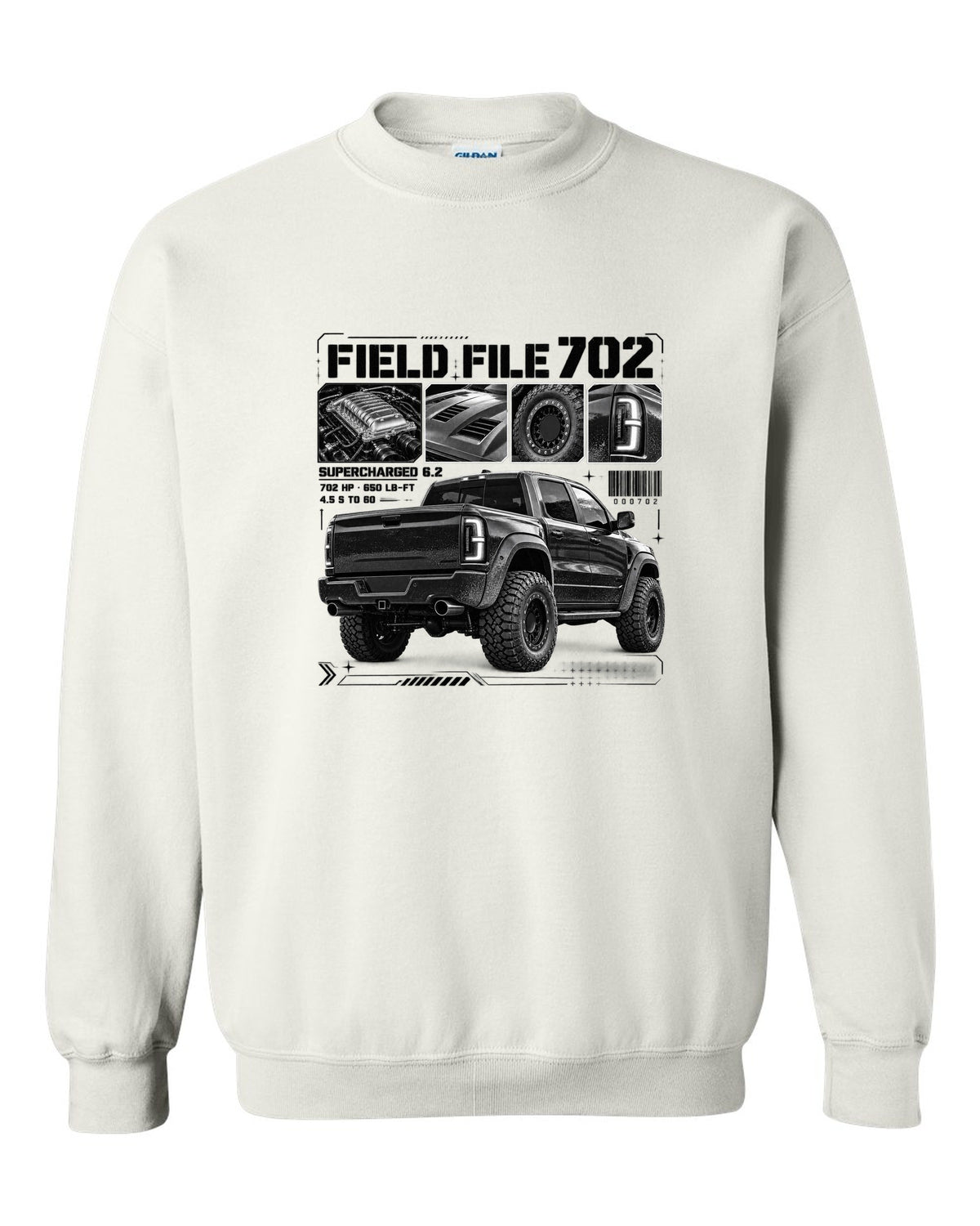 Dossier panels of a 2021-2024 Ram 1500 TRX with Field File 702, supercharged 6.2, 4.5 s to 60 white crewneck front view with the design