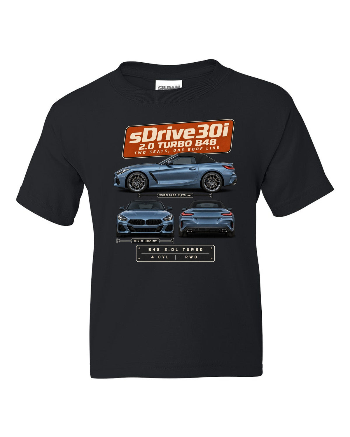 Three-view drawing and spec table print of the BMW Z4 sDrive30i G29 black kids tee front view with the design