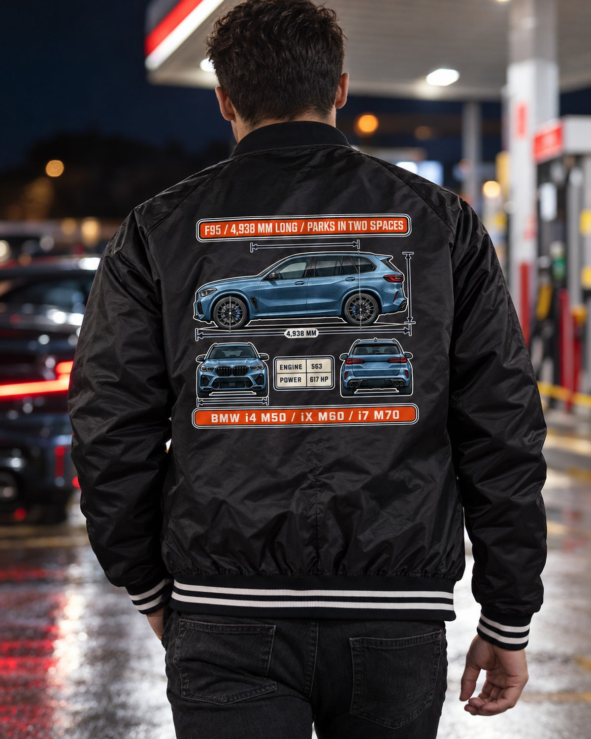 BMW X5 M Competition F95 Blueprint Tee, Car Enthusiast Gift Bomber Jacket Black worn hero