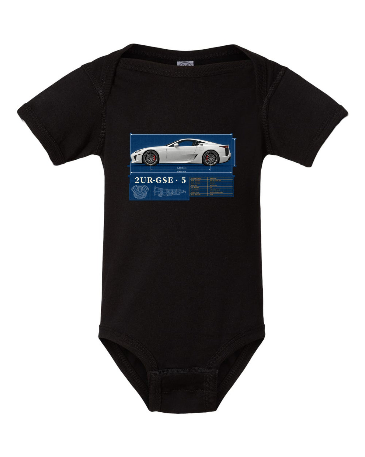 Spec poster of the Lexus LFA10 with power, weight and top speed figures black baby onesie front view with the design