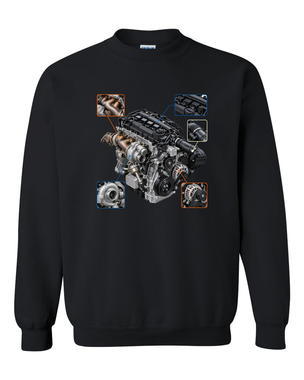 Graphite-blue Toyota GR86 ZN8 shown in three views with spec table black crewneck front view with the design