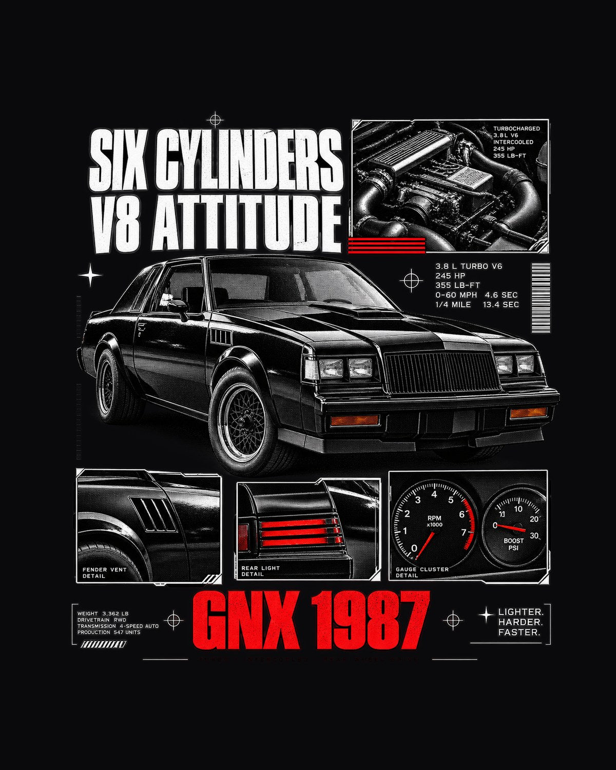 Buick GNX 1987 Dossier Shirt, Six Cylinders V8 Attitude design only