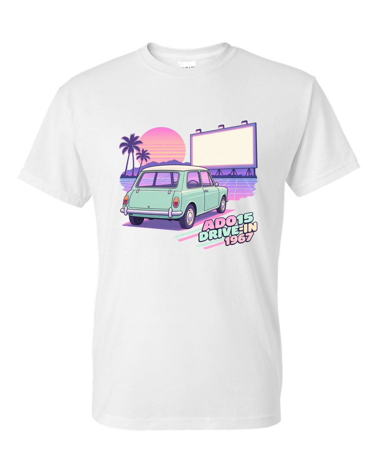 Pastel vaporwave drive-in scene with a 1967 classic Mini Cooper ADO15 white t-shirt front view with the design
