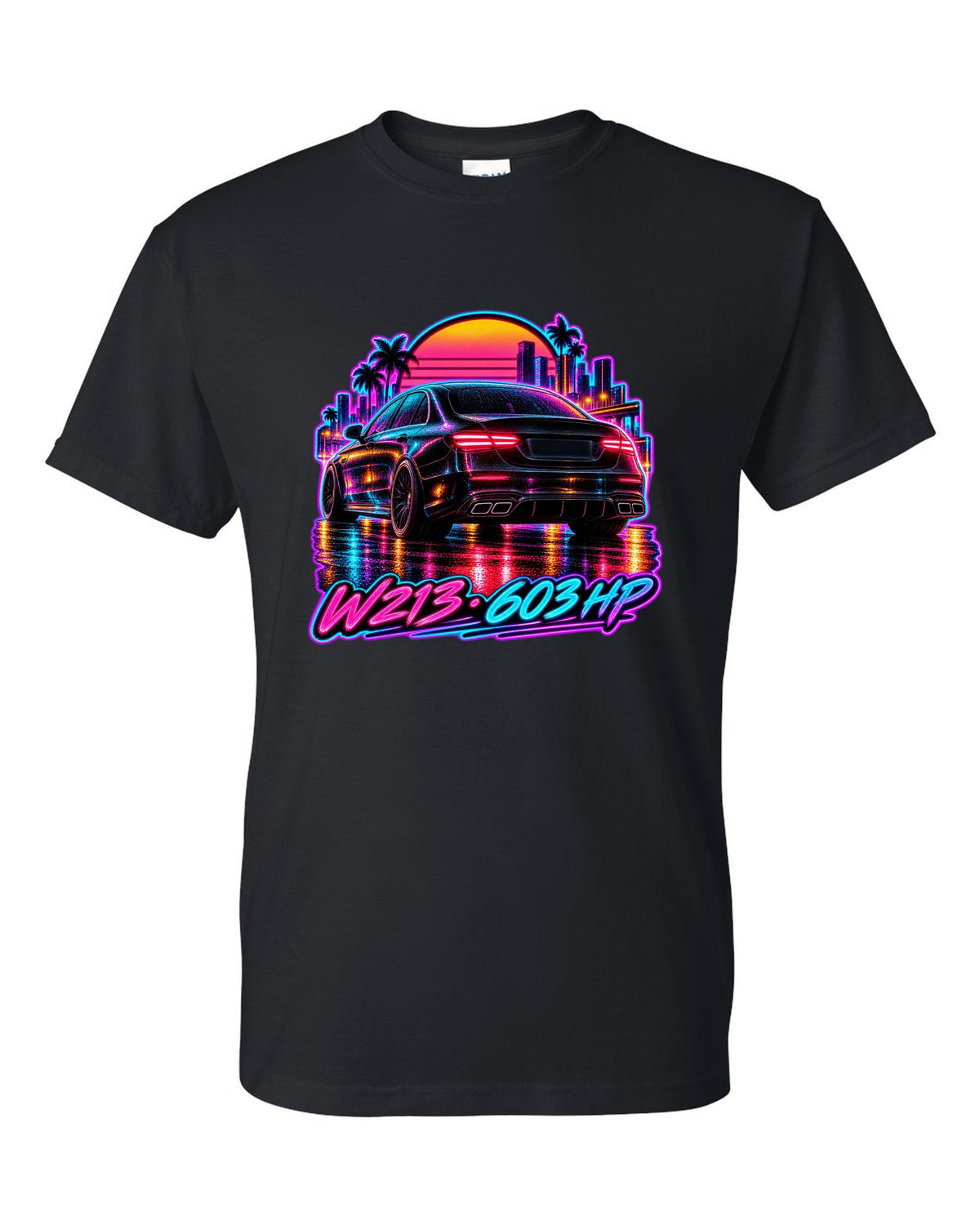 Synthwave wet road scene with a Mercedes E63 AMG W213 and 603 HP text black t-shirt front view with the design