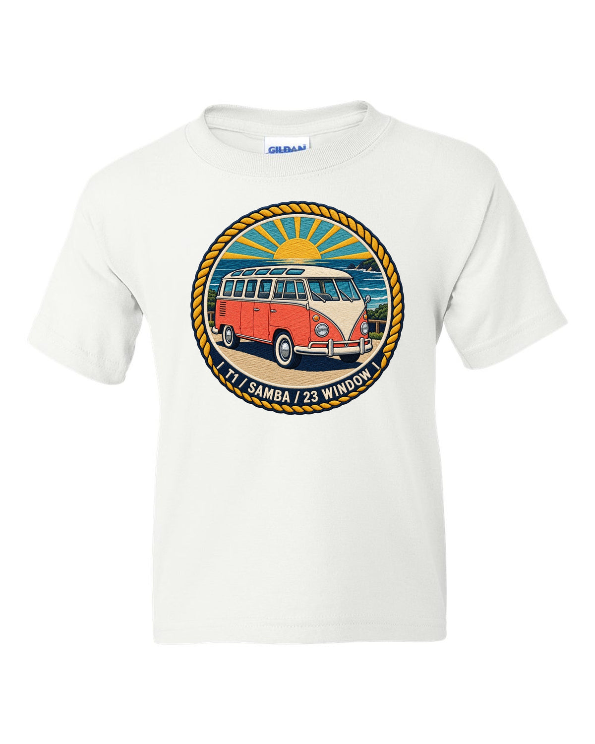 Round crest for the VW Bus T1 Samba 23 window white kids tee front view with the design