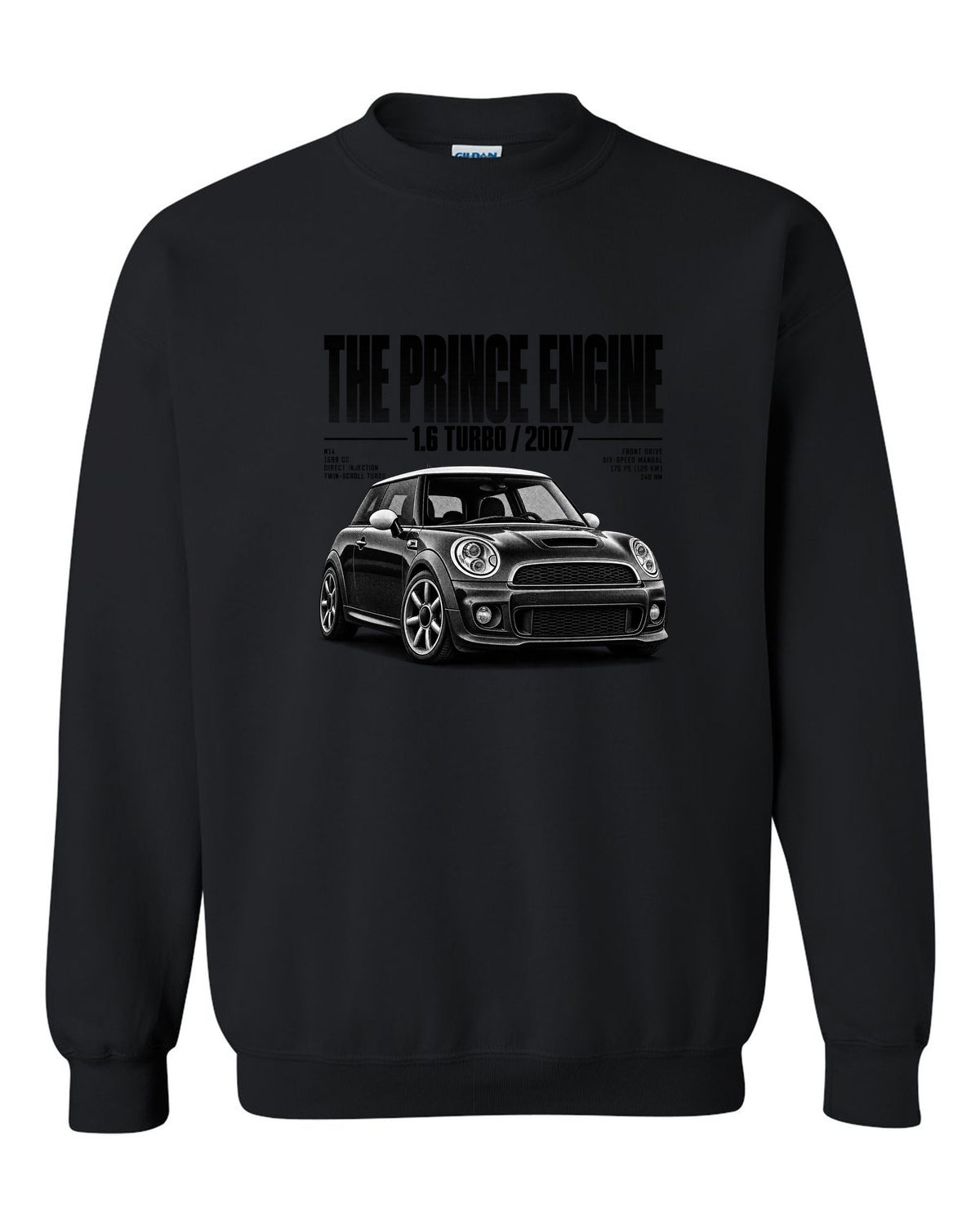 Halftone print of a Mini Cooper S R56 front three-quarter low angle with Prince engine text black crewneck front view with the design