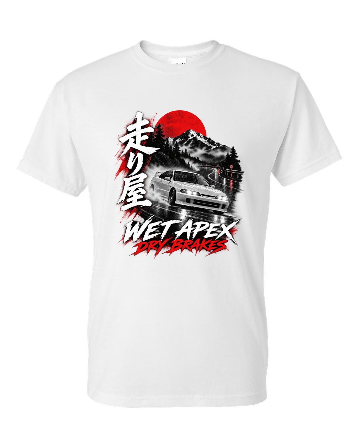 Honda Integra DC2 coupe touge night design with wet apex dry brakes text white t-shirt front view with the design