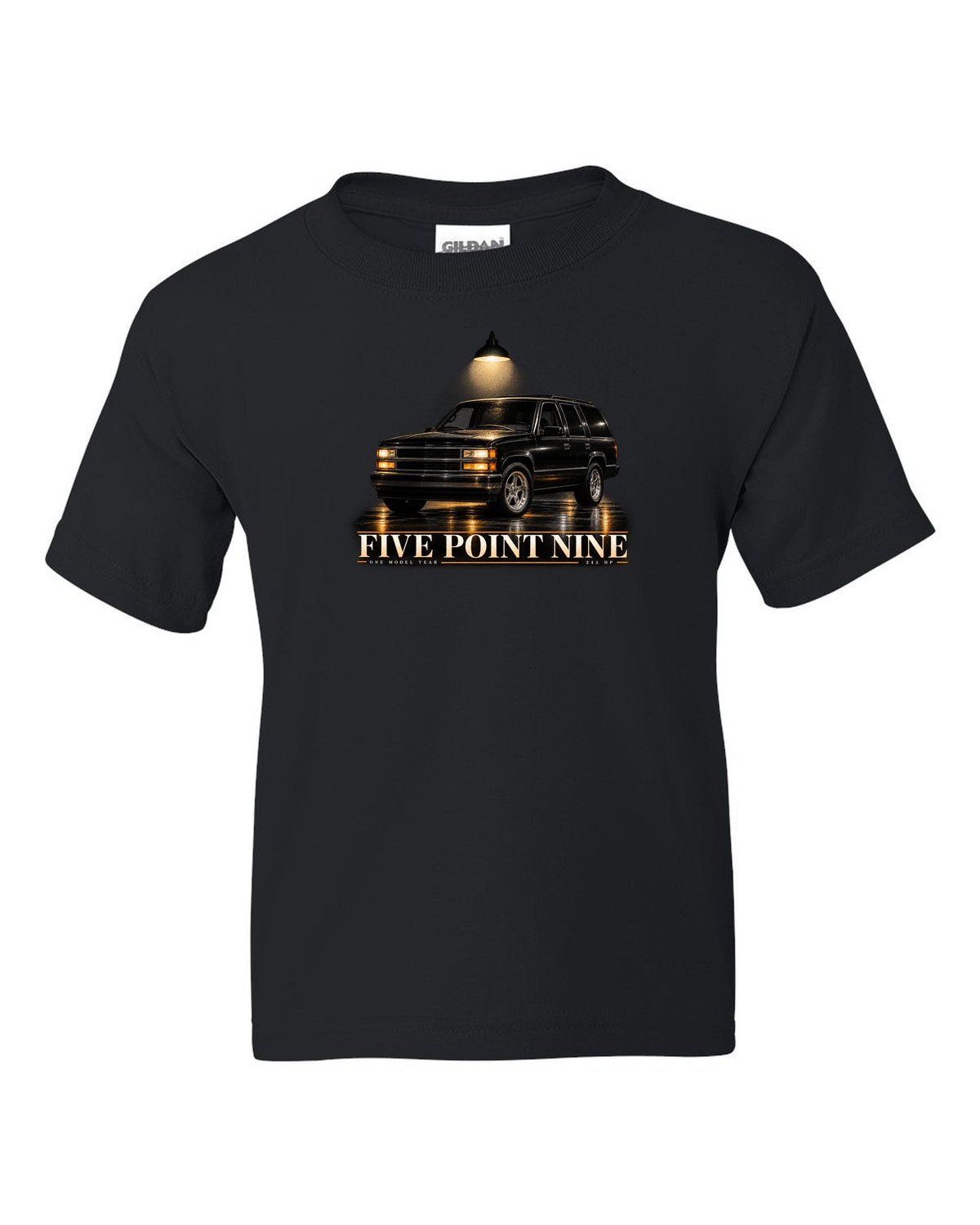 Garage night print for the 1998 Jeep Grand Cherokee ZJ 5.9 Limited black kids tee front view with the design