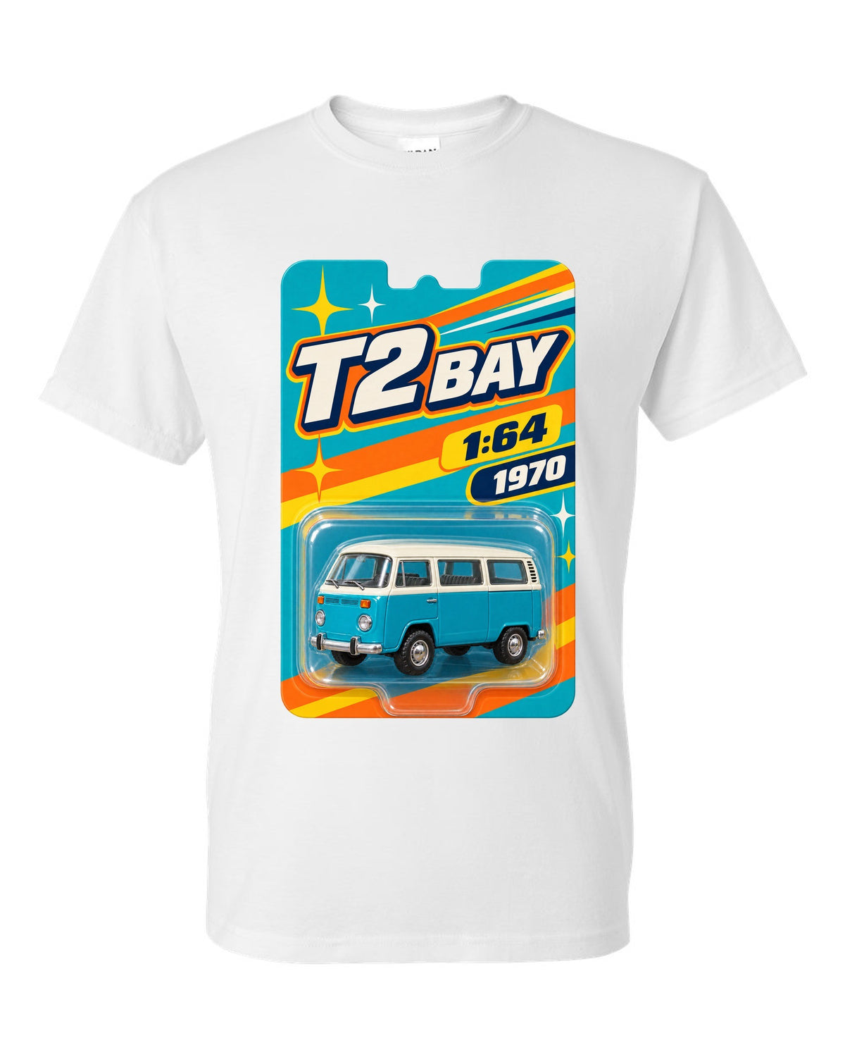 Toy-card blister pack style print of a 1970 VW Bus T2 bay window at 1:64 white t-shirt front view with the design