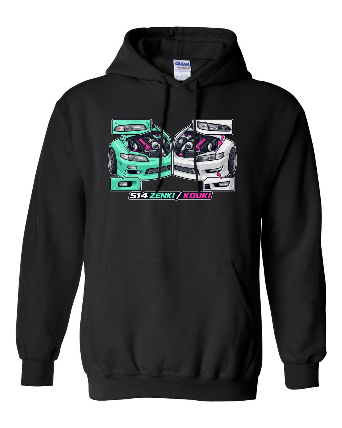 Isometric cutaway print of a 1993 Nissan Silvia S14 with Zenki and Kouki lettering black pull over hoodie front view with the design