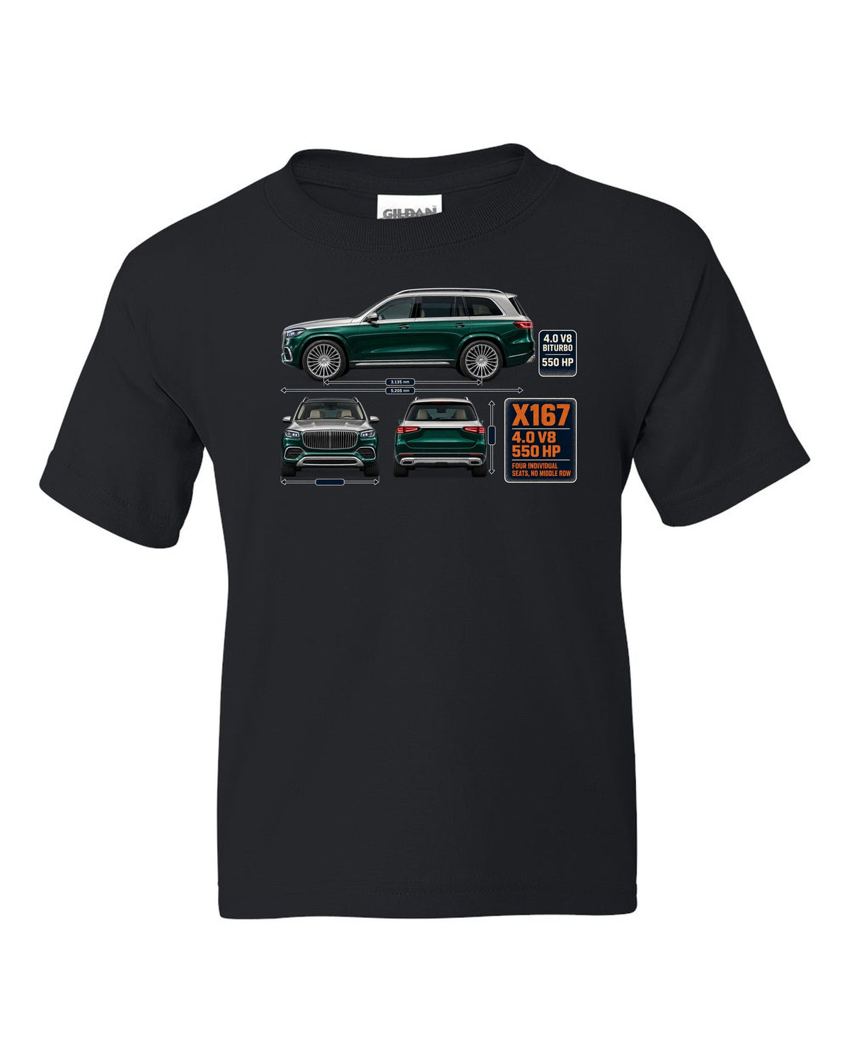 Mercedes-Maybach GLS 600 X167 three-view spec print in obsidian green and silver black kids tee front view with the design