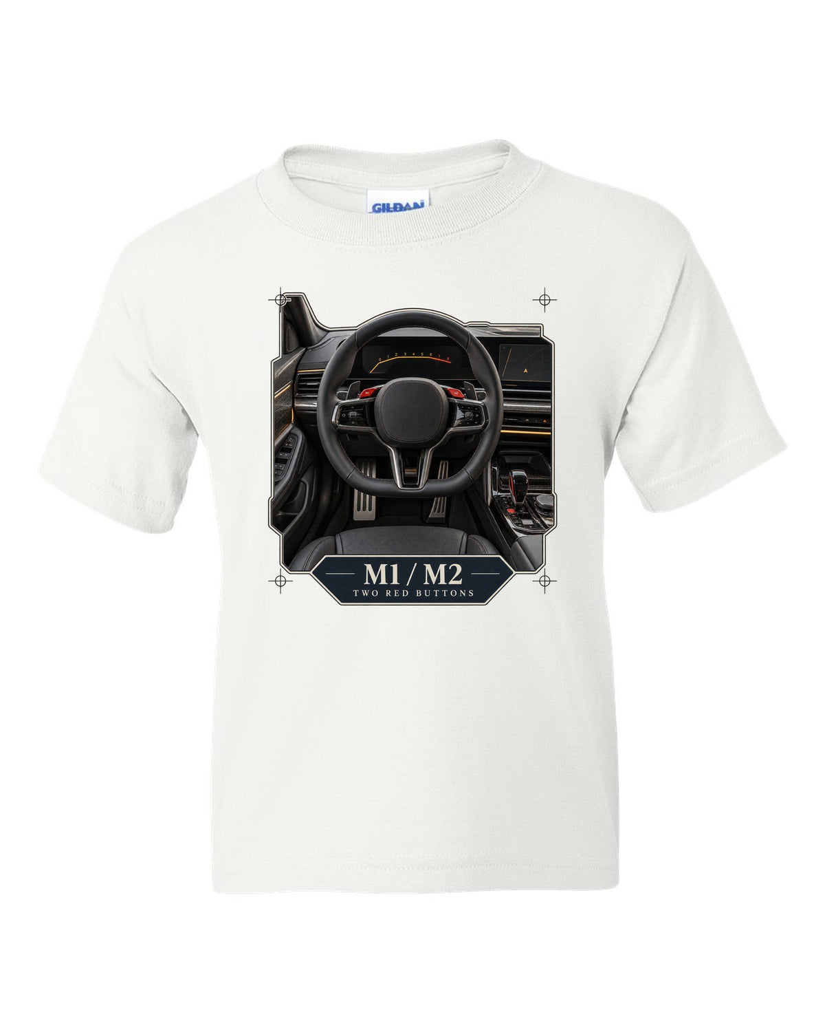 BMW M5 G90 cockpit and gauge cluster print on a tee white kids tee front view with the design