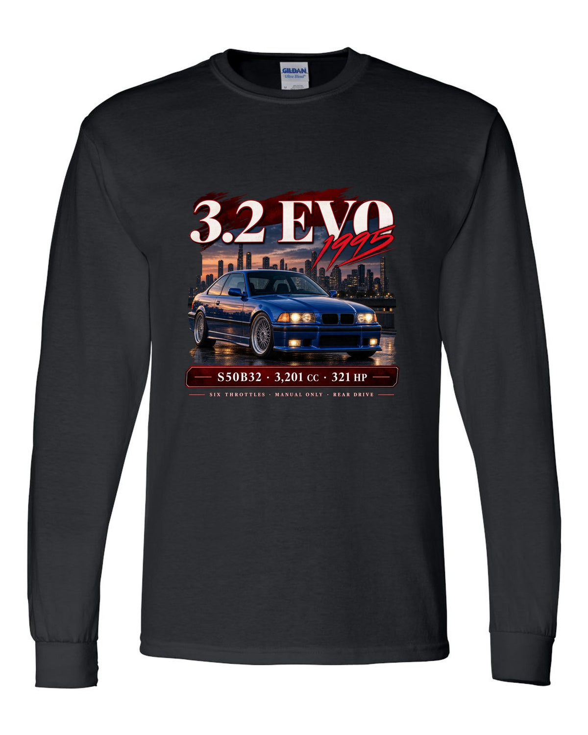 BMW E36 M3 3.2 Evo coupe archive panel print with S50B32 and 321 HP text black long sleeve front view with the design