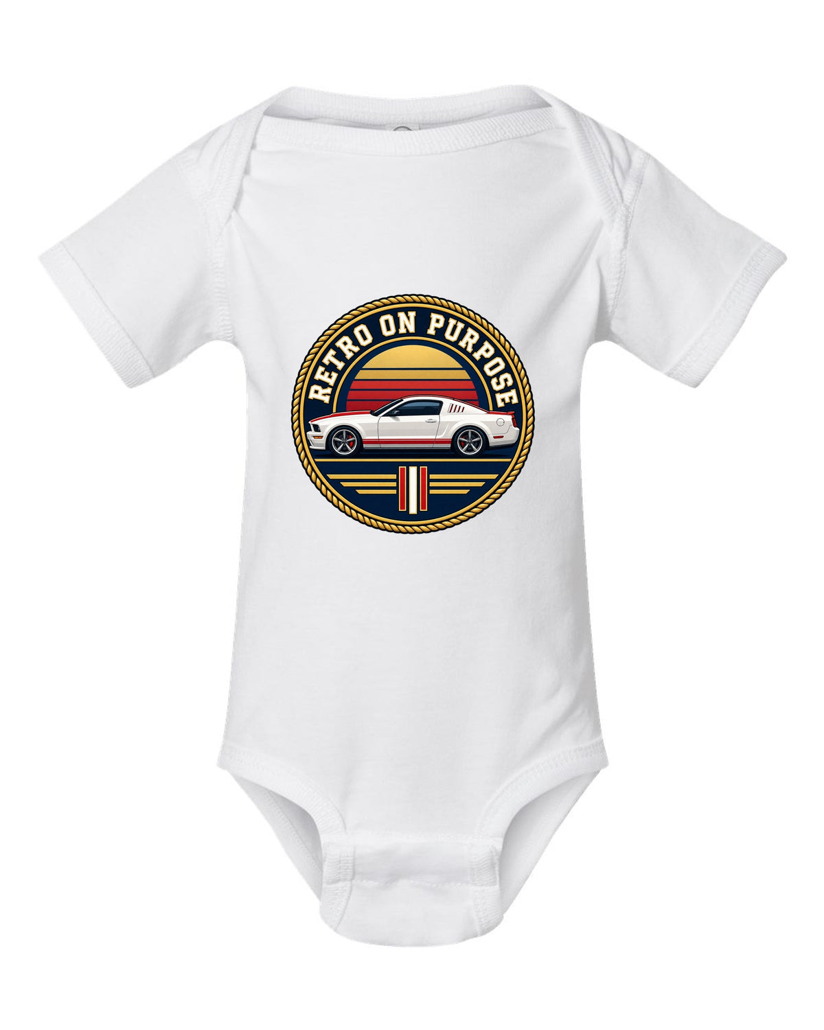 Varsity crest of a 2005-2014 S197 Ford Mustang fastback with Retro on purpose text white baby onesie front view with the design