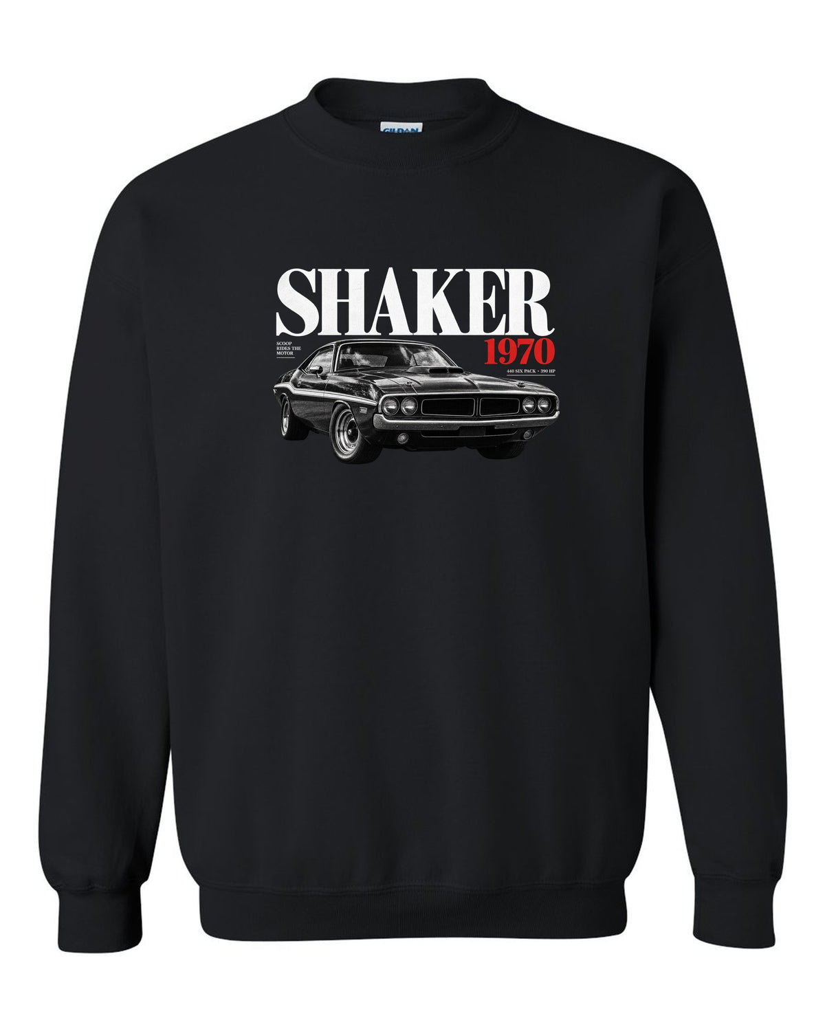 Editorial headline print of a 1970 Dodge Challenger R/T Shaker with 440 Six Pack text black crewneck front view with the design