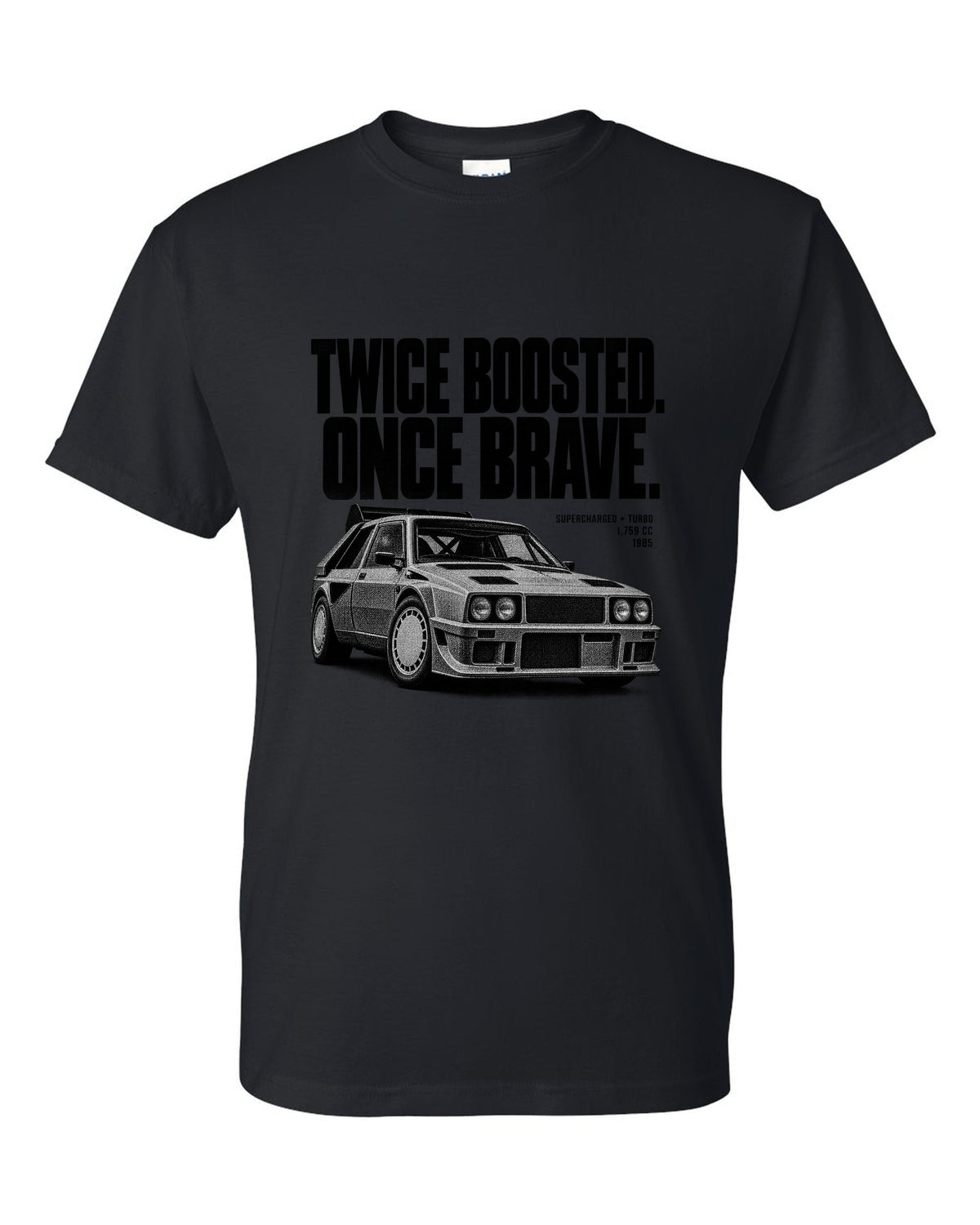 Halftone print of a Lancia Delta S4 with supercharged and turbo lettering black t-shirt front view with the design
