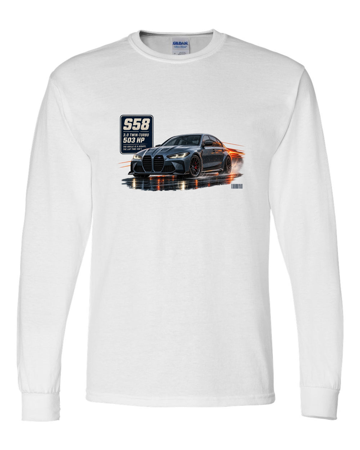 print of a BMW M3 Competition G80 on a night touge road in blue-grey white long sleeve front view with the design