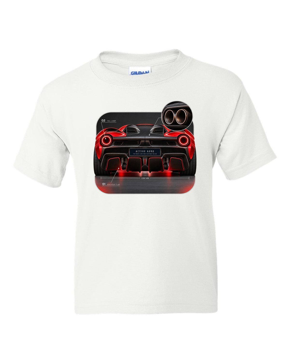Ferrari LaFerrari taillight macro print with active aero caption white kids tee front view with the design