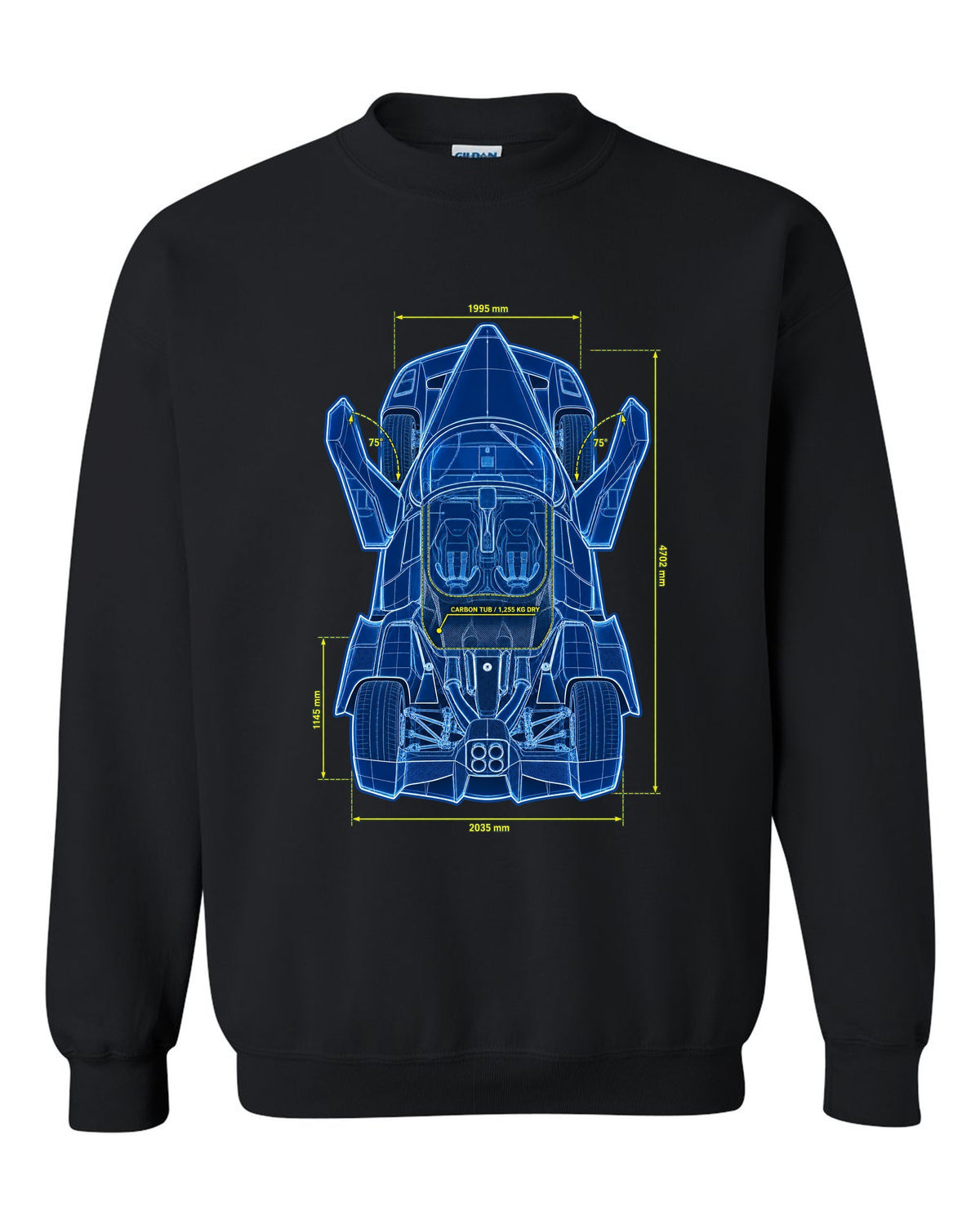 Technical top-plan blueprint print of a 2002 Ferrari Enzo F140 with carbon tub and 1,255 KG dry text black crewneck front view with the design