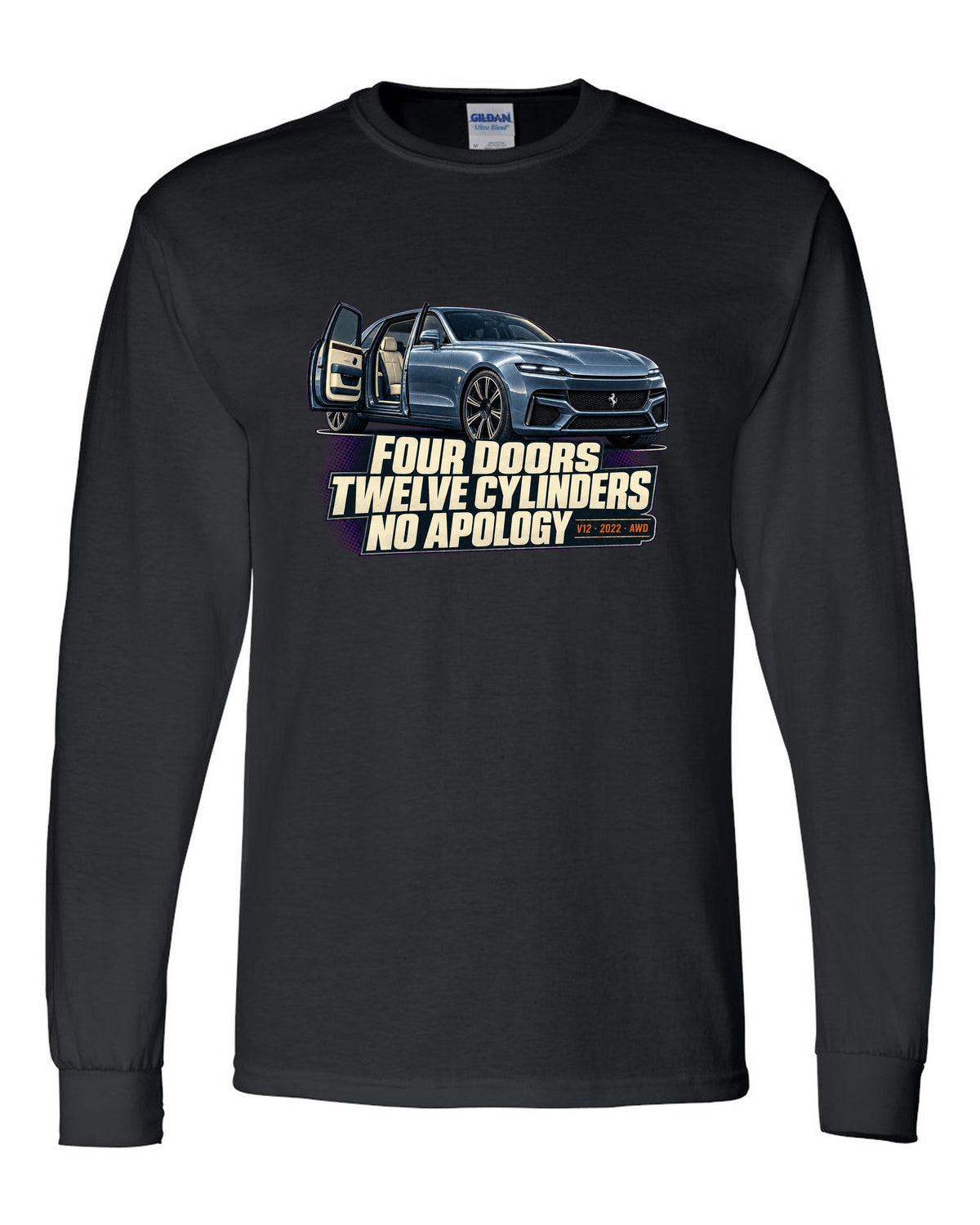Editorial headline print of the Ferrari Purosangue on a tee black long sleeve front view with the design