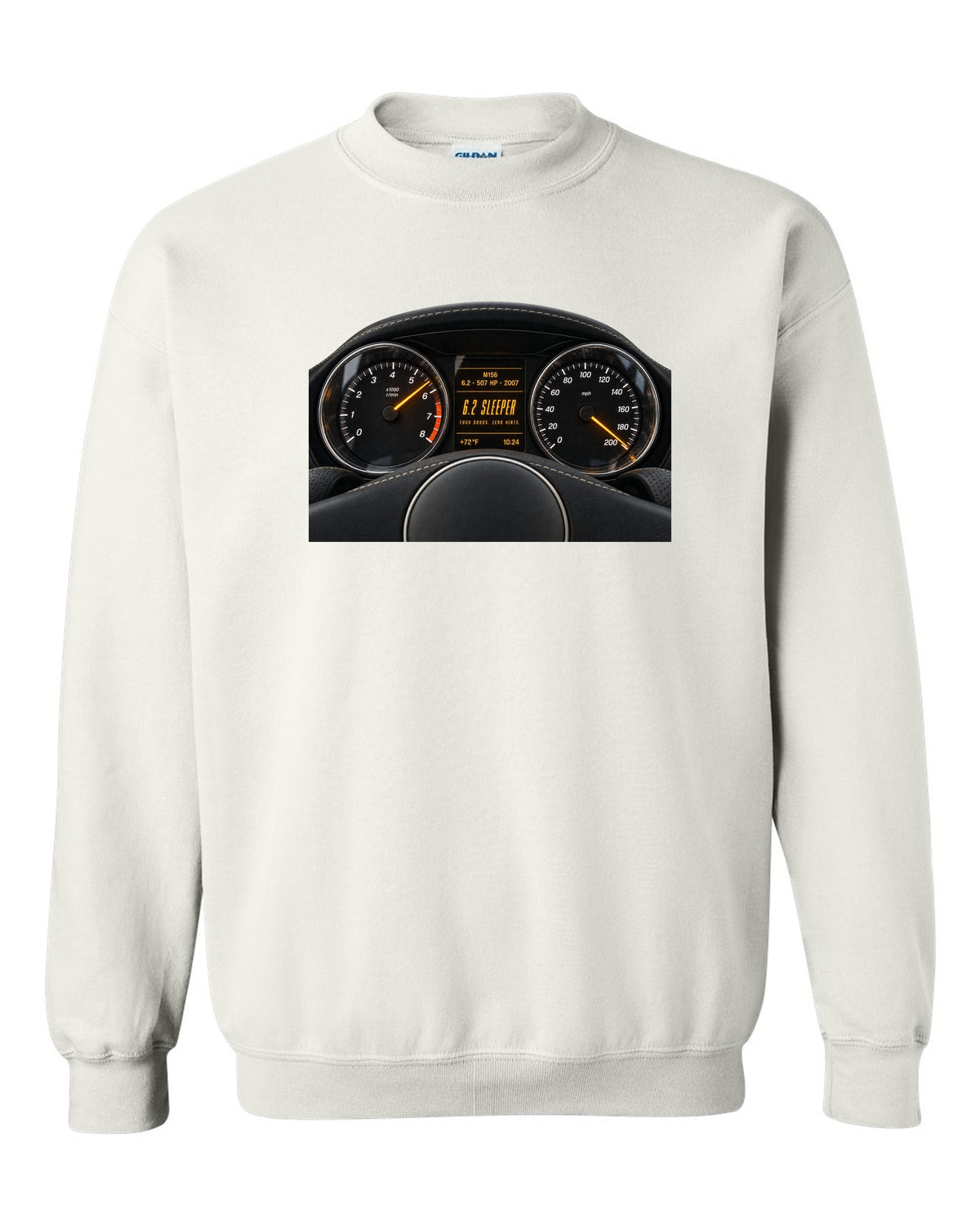 print cockpit gauge of a Mercedes W211 E63 M156 with text 507 HP, 2007, 6.2 sleeper white crewneck front view with the design