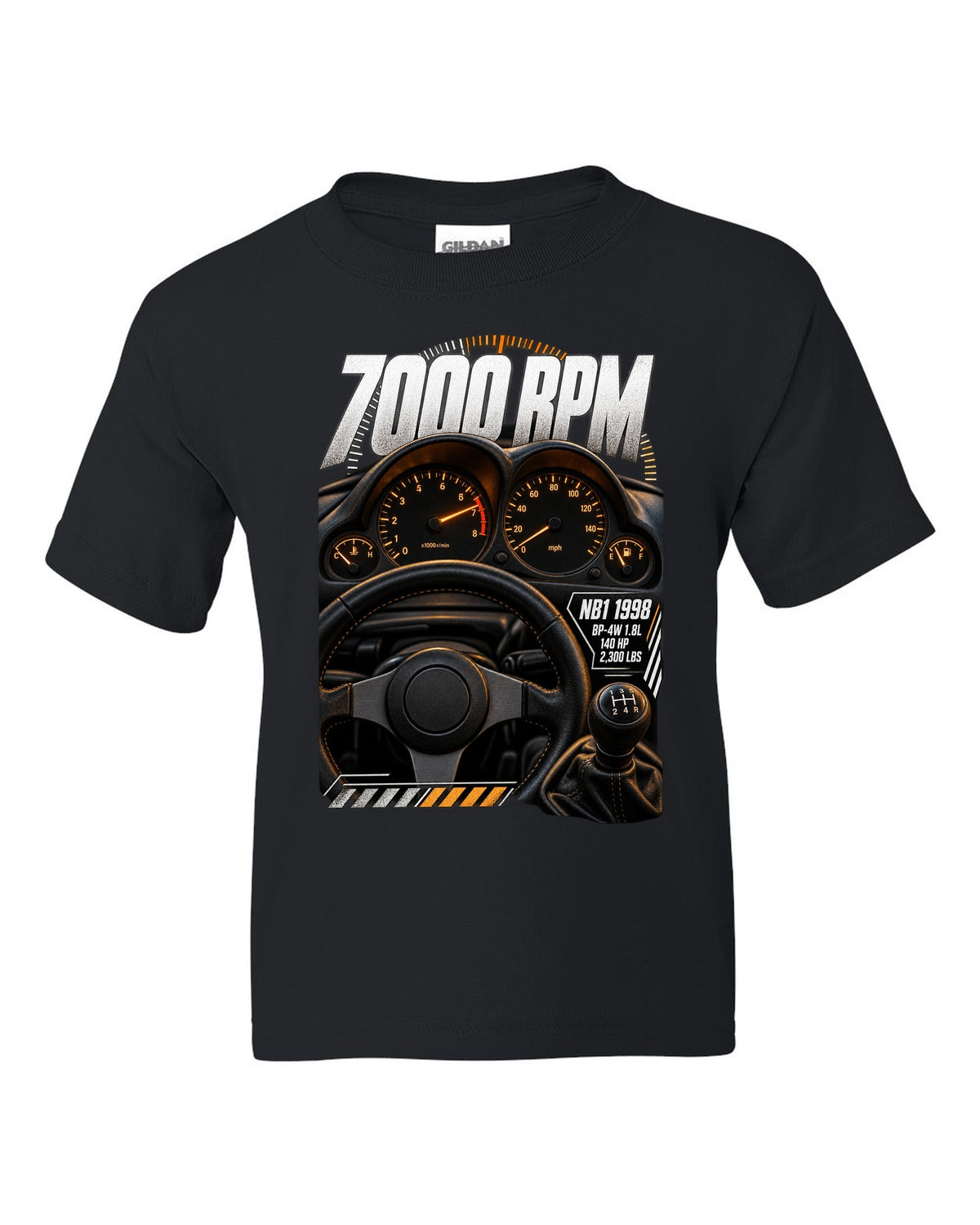 Cockpit gauge print for the 1998 Mazda MX-5 NB1 with 7000 rpm, BP-4W 1.8L and 140 HP black kids tee front view with the design