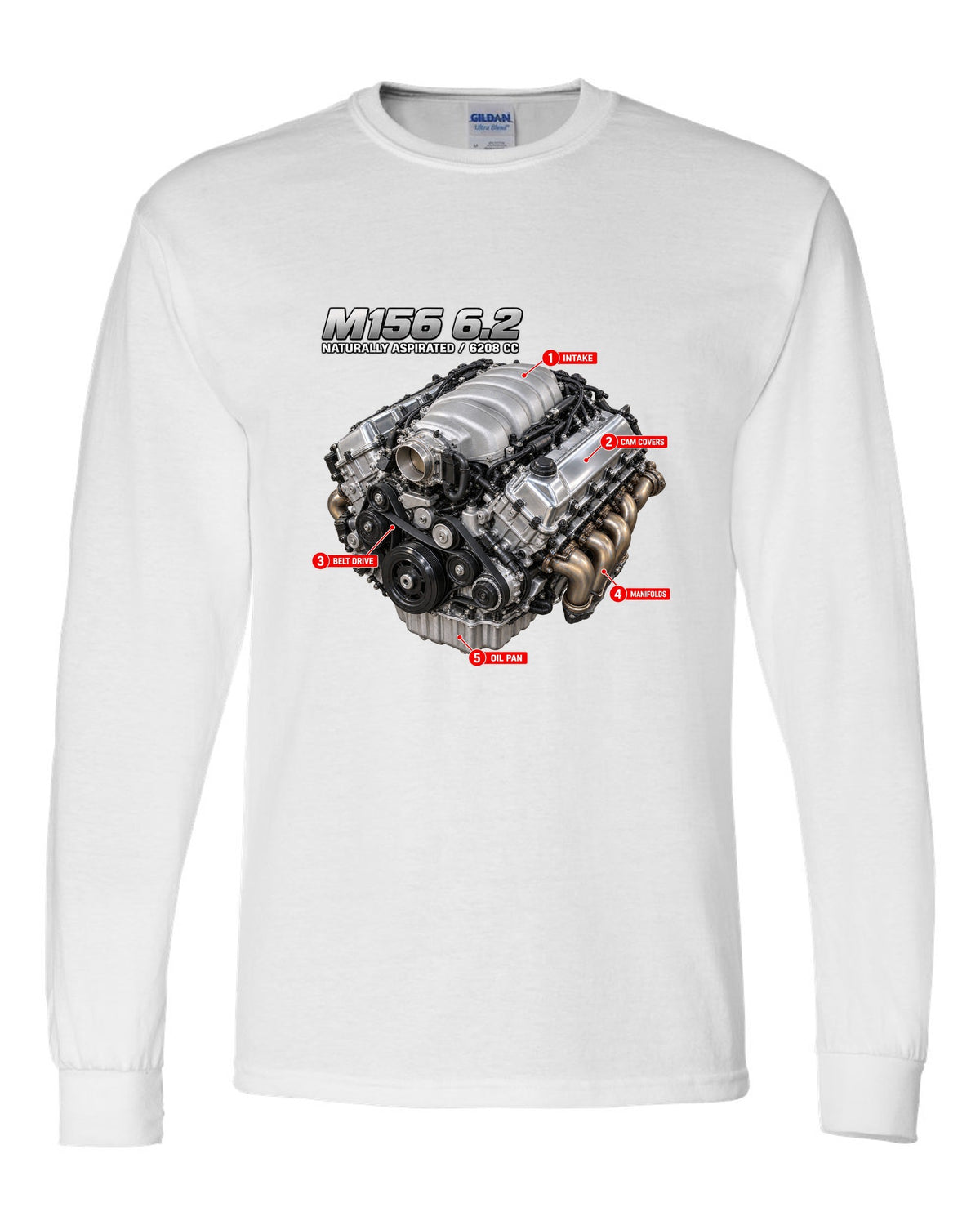 print of the Mercedes W204 C63 M156 6.2 V8 engine with text naturally aspirated 6208 cc white long sleeve front view with the design