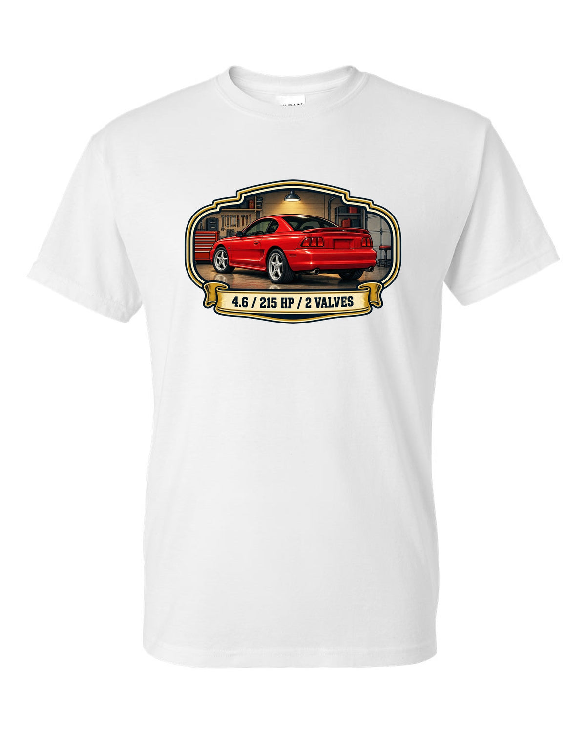 Vintage oil can label design of a 1994-98 SN95 Ford Mustang coupe with 4.6 specs white t-shirt front view with the design