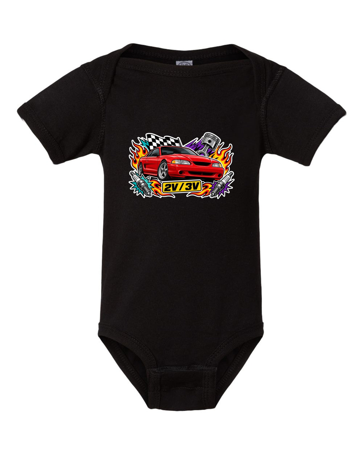 Sticker bomb collage of a 1994-98 SN95 Ford Mustang coupe with 2V 3V text black baby onesie front view with the design