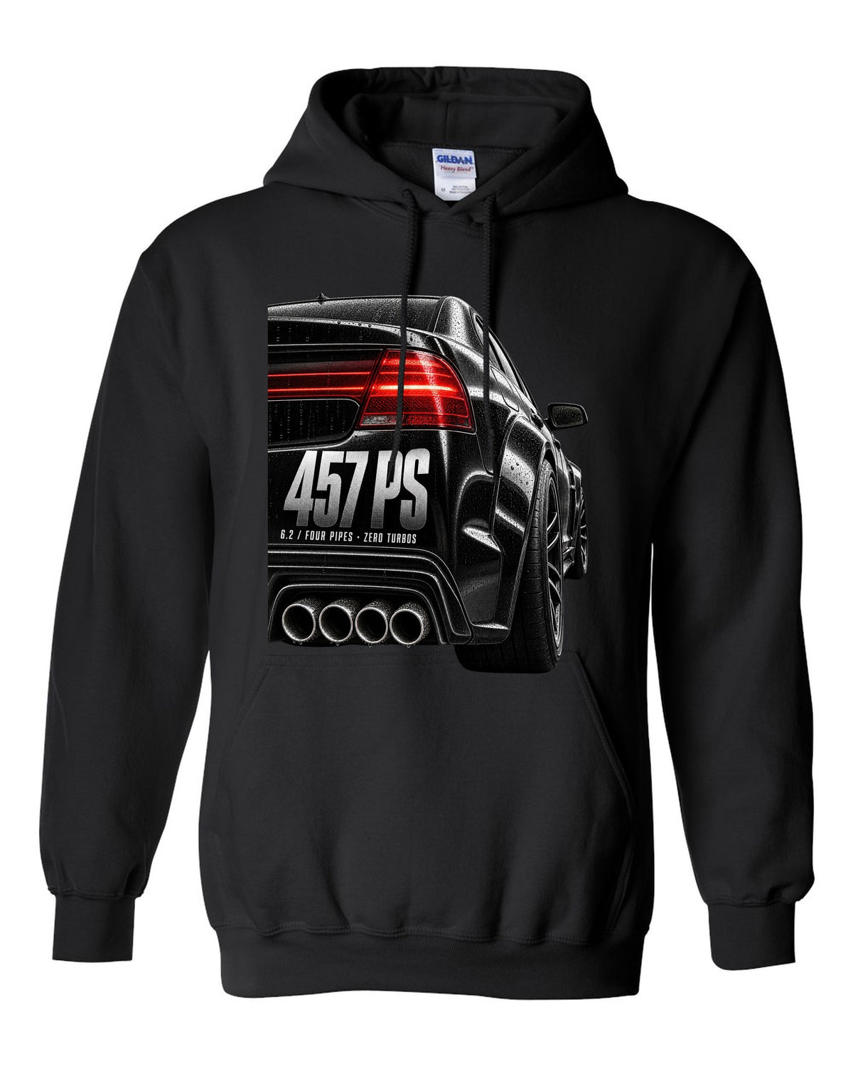 print taillight close-up of a Mercedes W204 C63 sedan with text 457 PS, 6.2, four pipes, zero turbos black pull over hoodie front view with the design