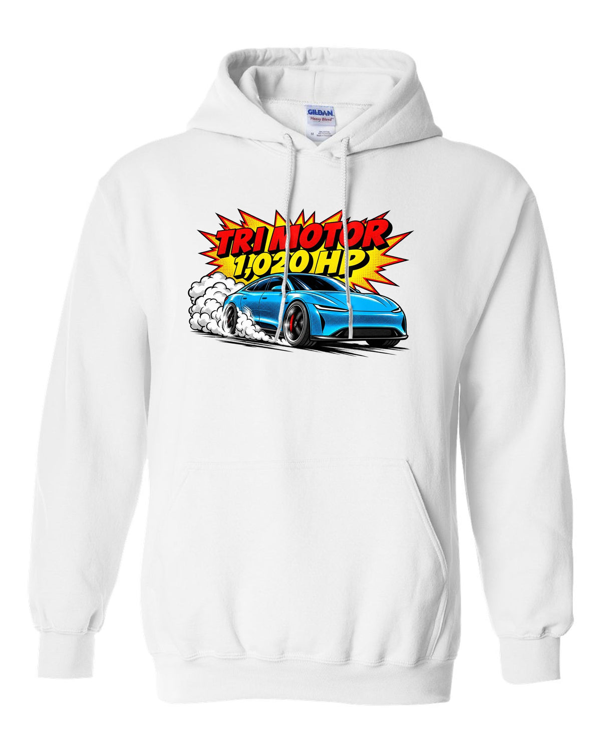 Comic halftone pop-art of a 2021 Tesla Model S Plaid with the words Tri Motor 1,020 HP white pull over hoodie front view with the design