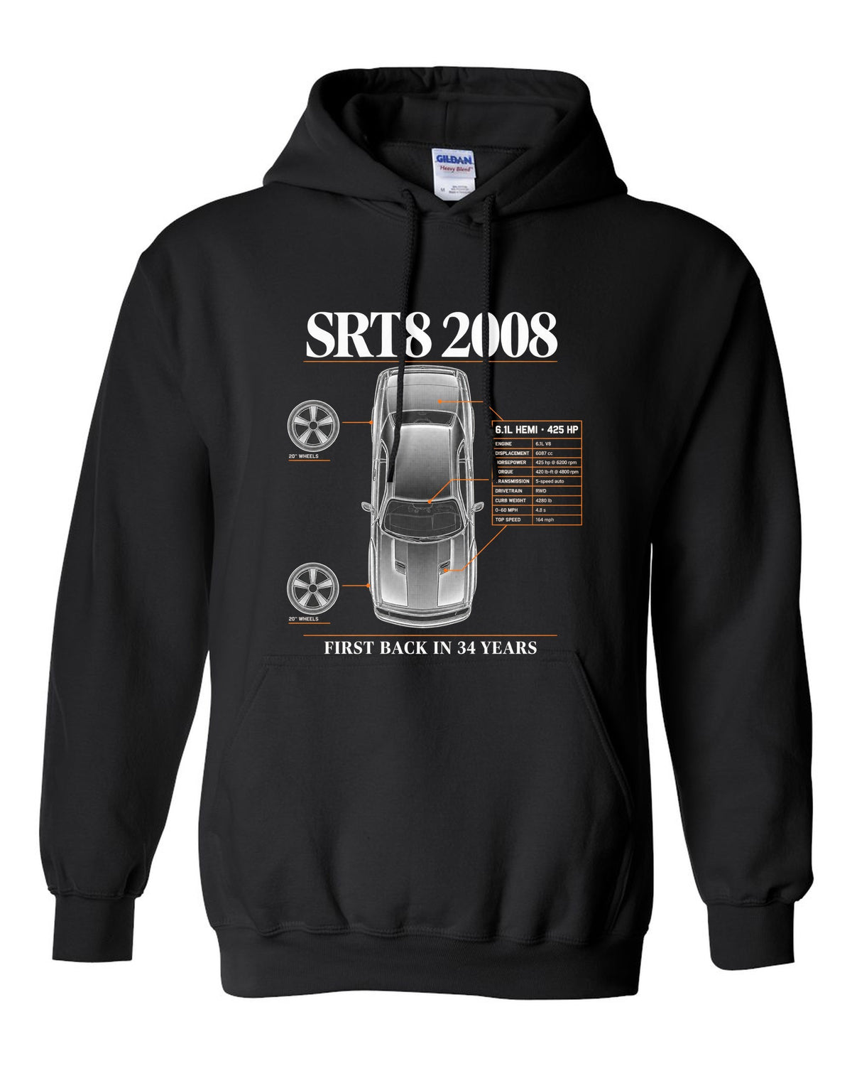 Spec poster print of a 2008 Dodge Challenger SRT8 with 6.1L Hemi and 425 HP text black pull over hoodie front view with the design