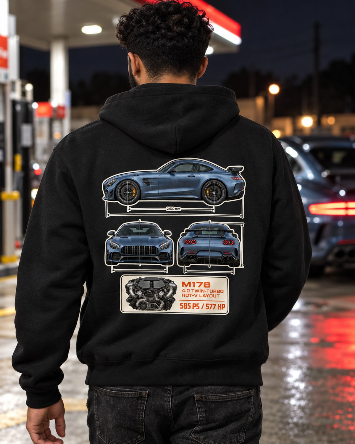 Mercedes-AMG GT R C190 Dimension Blueprint Shirt, M178 V8 Zip Hoodie Black worn hero