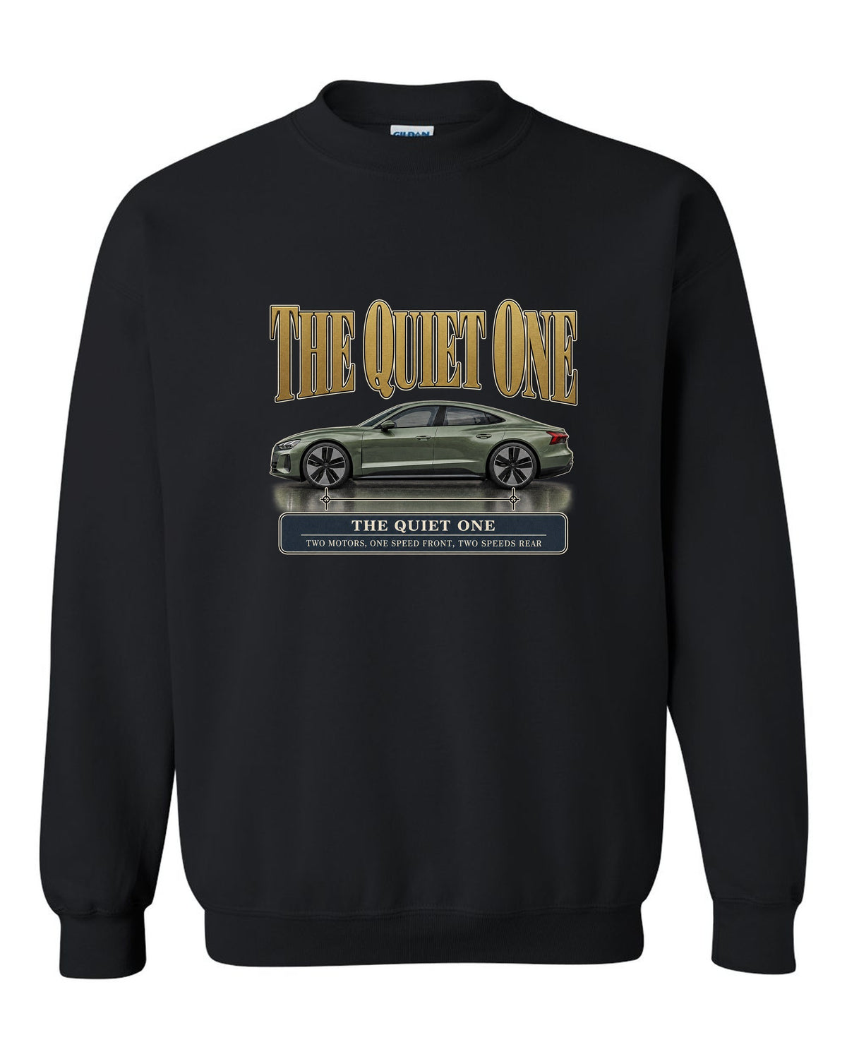 Audi e-tron GT quattro profile editorial headline print design black crewneck front view with the design