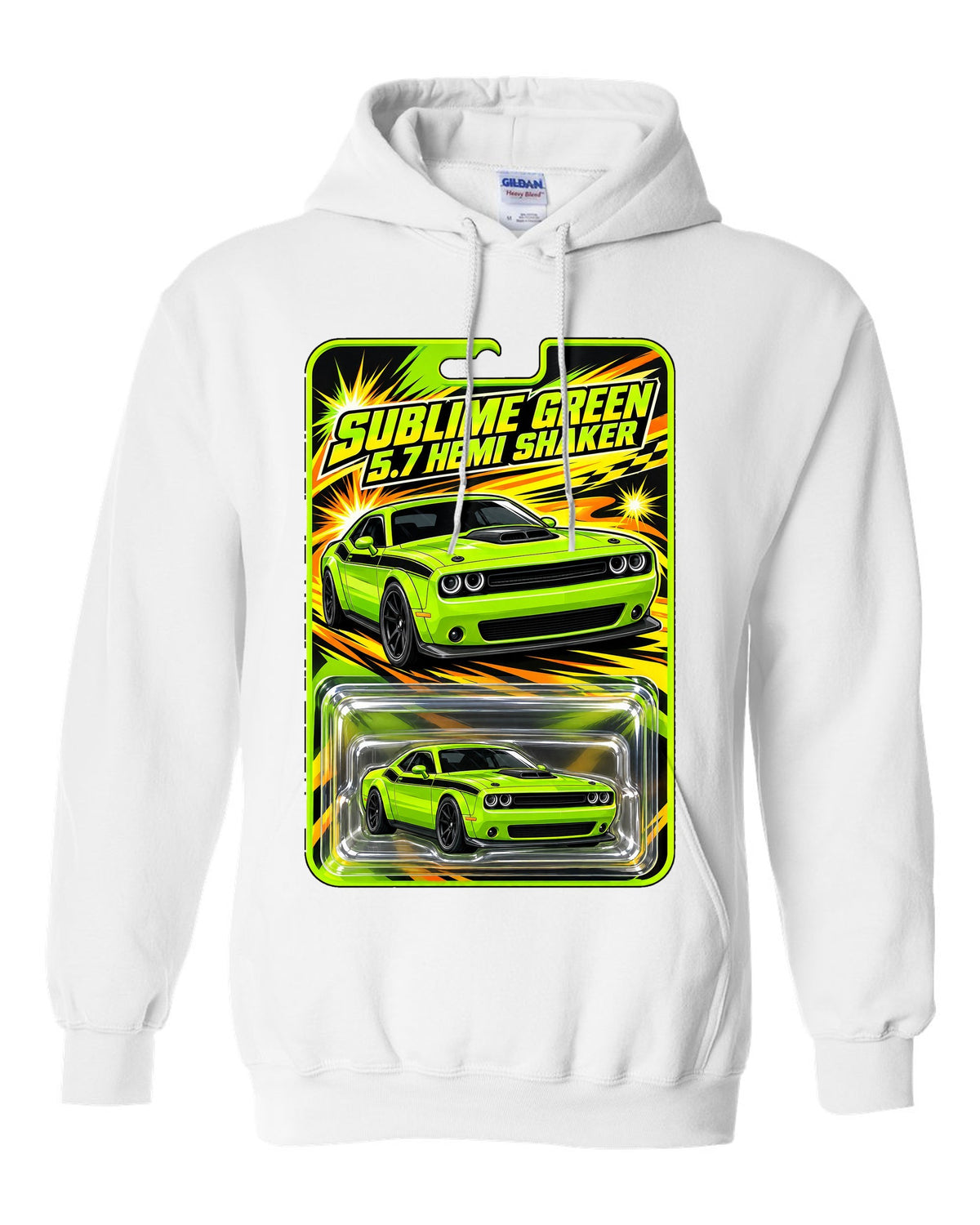 Blister toy card print of a 2015 Dodge Challenger R/T Shaker in Sublime Green white pull over hoodie front view with the design