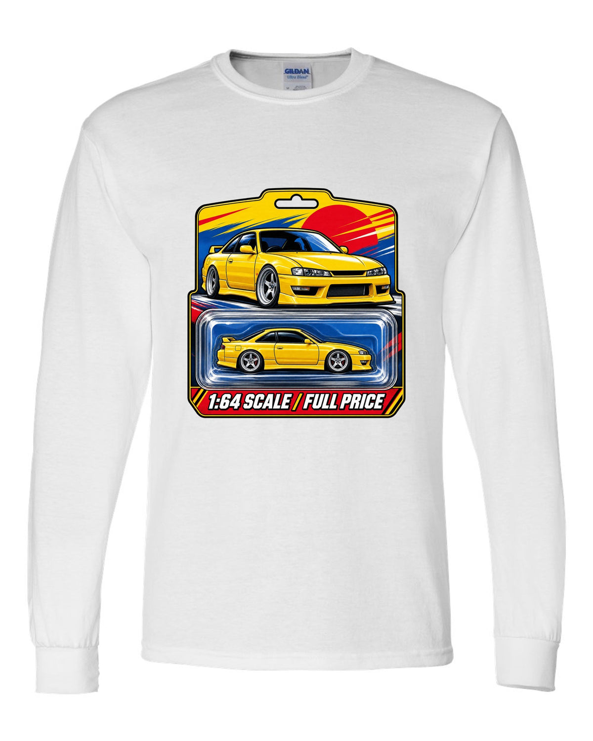 Toy blister card layout print of a Nissan Silvia S14 with 1:64 scale full price text white long sleeve front view with the design