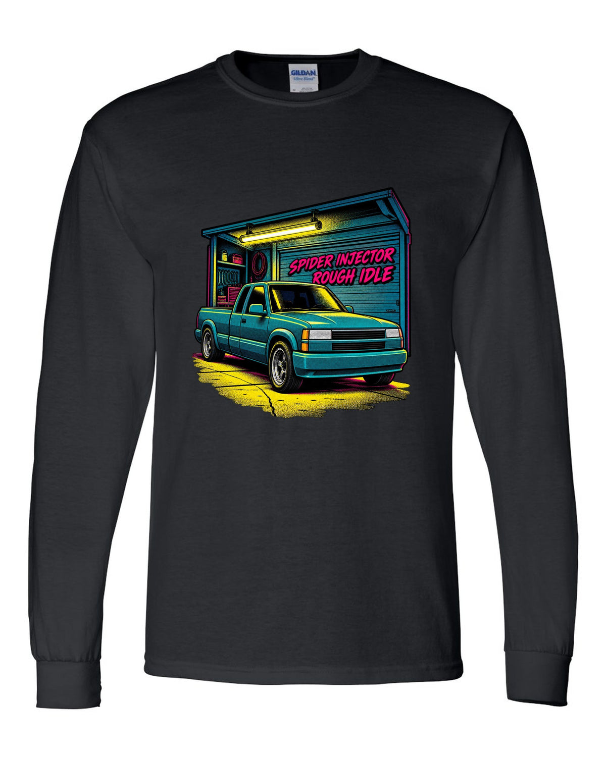 Comic halftone pop-art print of a 1988-98 Chevrolet GMT400 C1500 OBS extended cab with spider injector rough idle lettering black long sleeve front view with the design