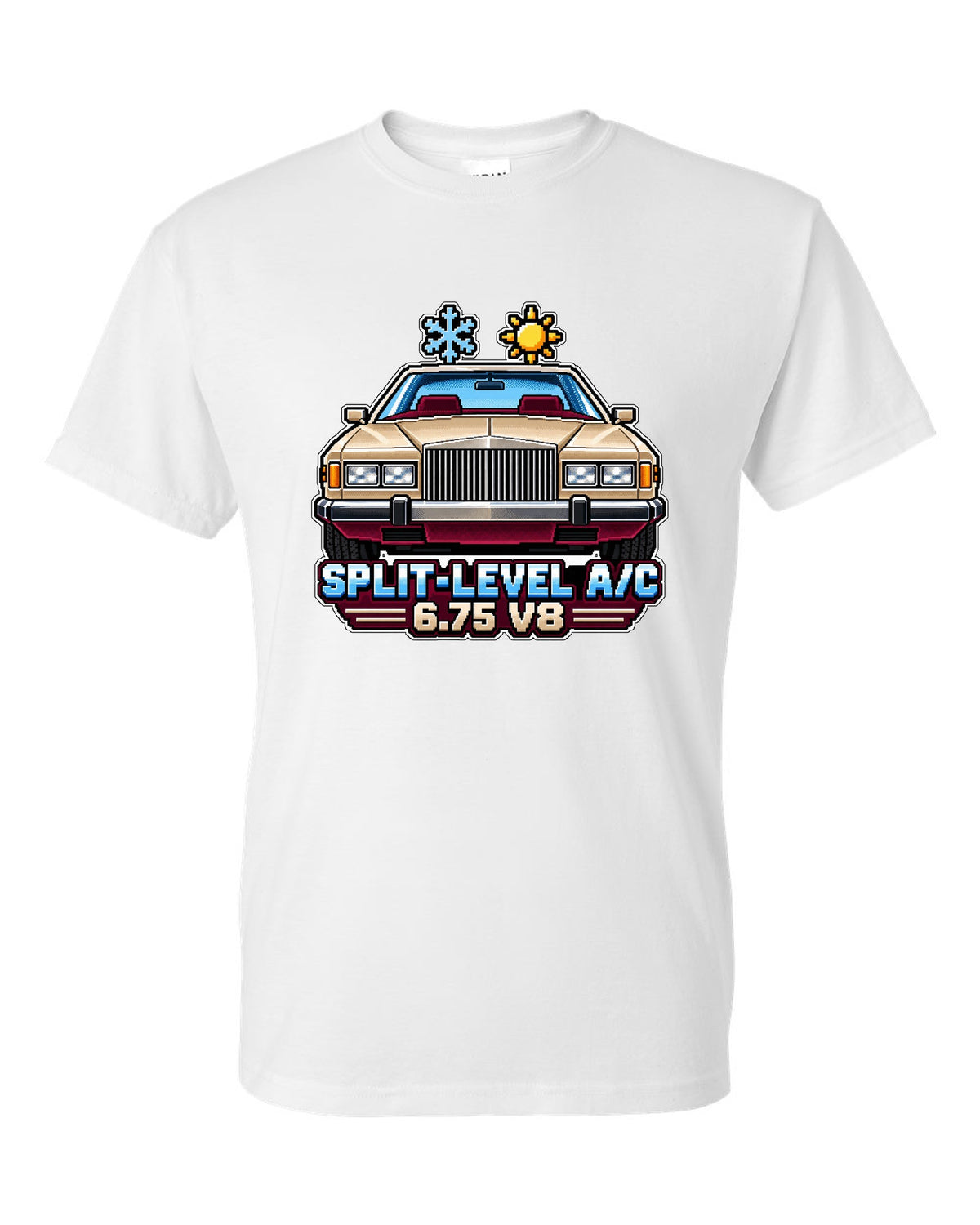 16-bit pixel art print of a 1975 Rolls-Royce Camargue with split-level A/C and 6.75 V8 lettering white t-shirt front view with the design