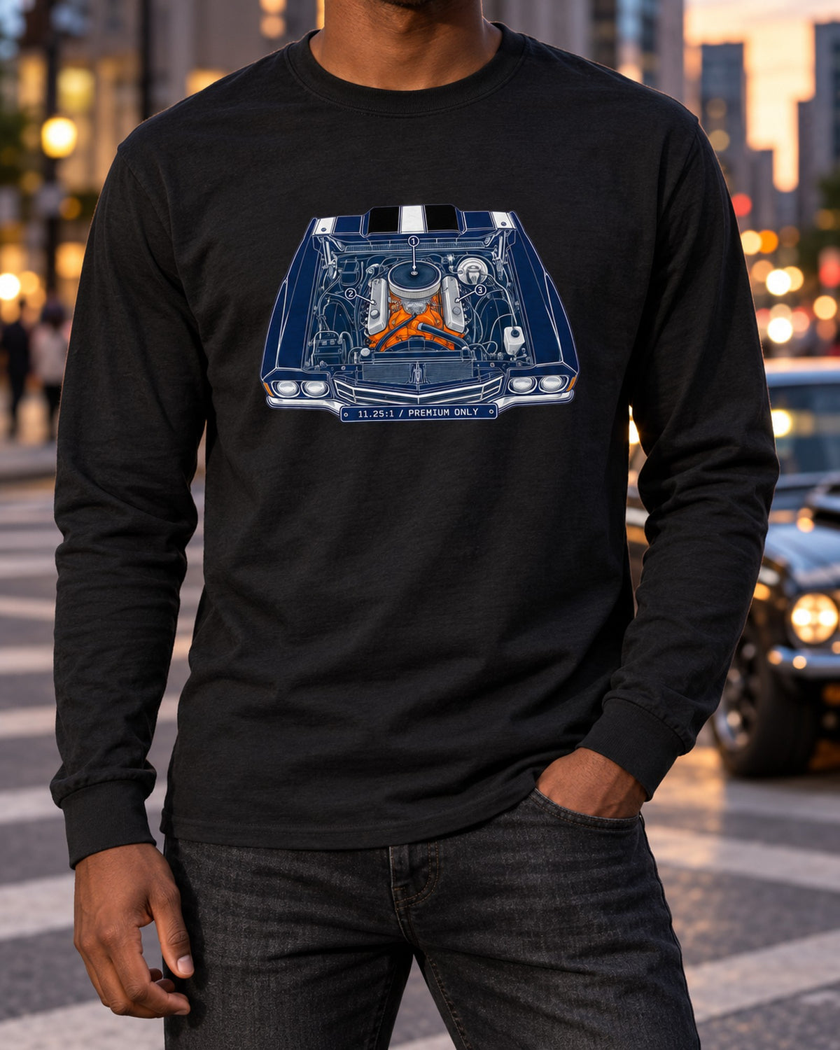 Chevrolet Chevelle SS LS6 1970 Engine Bay Blueprint Shirt Long Sleeve Black worn hero