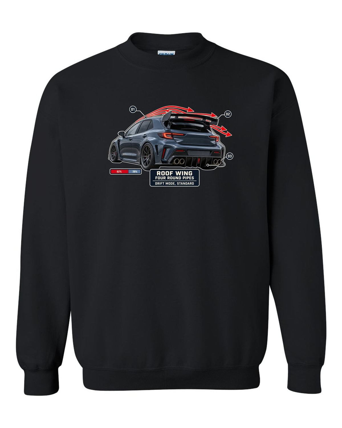 Mercedes-AMG A45 S W177 rear three-quarter with aero callout labels print black crewneck front view with the design