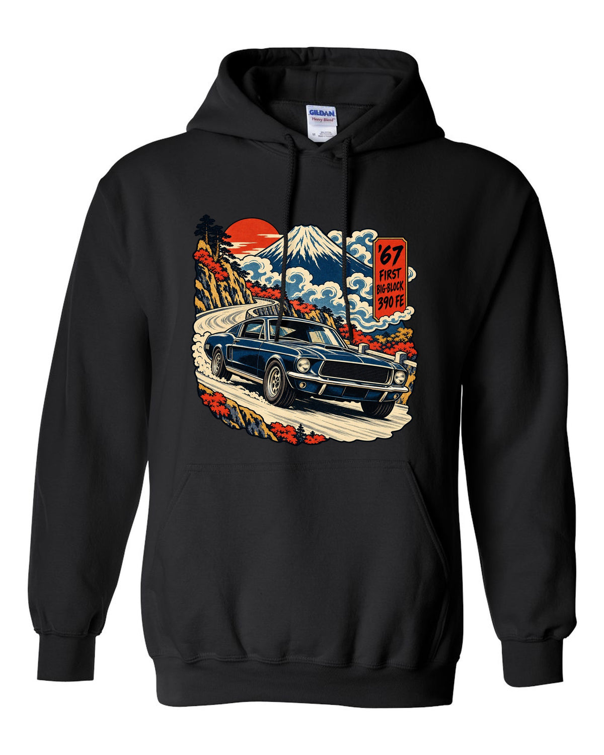 Ukiyo-e woodblock print of a 1967 Ford Mustang fastback with 390 FE first big-block text black pull over hoodie front view with the design