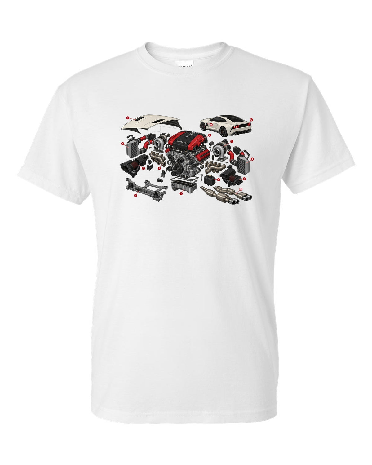 Isometric exploded cutaway print of the Kia Stinger GT CK Lambda II 3.3T engine white t-shirt front view with the design